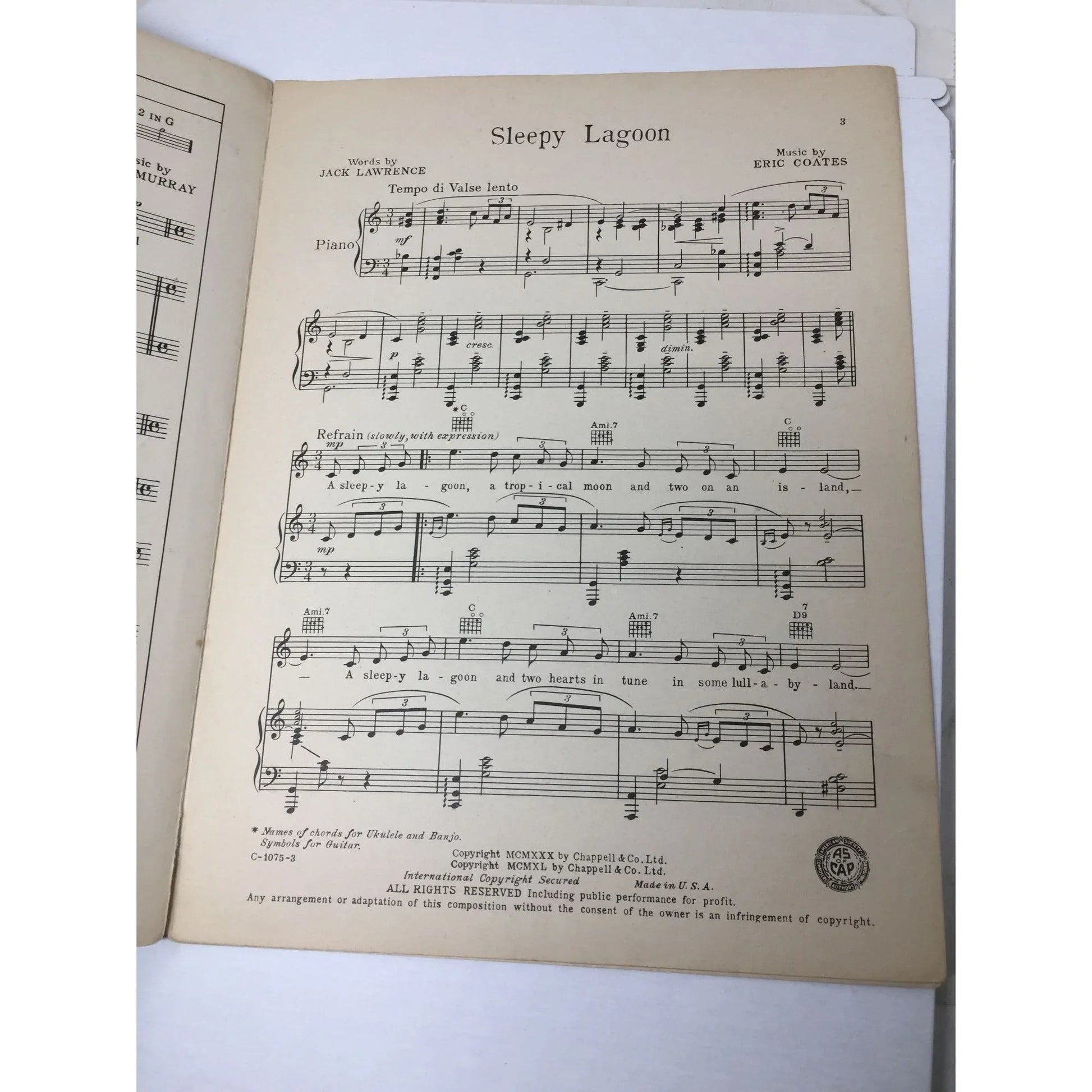 ''SLEEPY LAGOON'' by Jack Lawrence and Eric Coates - A+ Stuff - Sheet Music - A+ Stuff