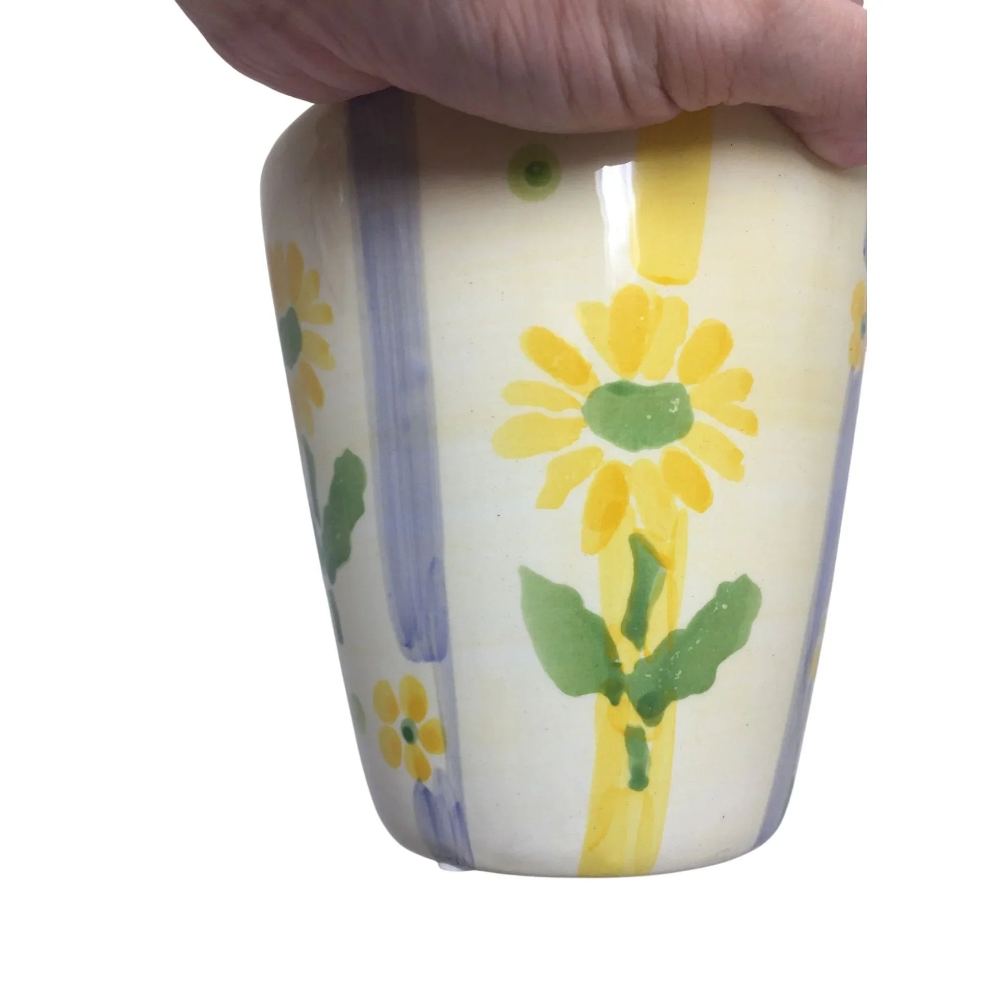 Small Flower Vase/Planter with Yellow Flowers on it and Blue/Yellow Stripes - A+ Stuff - Vaes or Planter - A+ Stuff