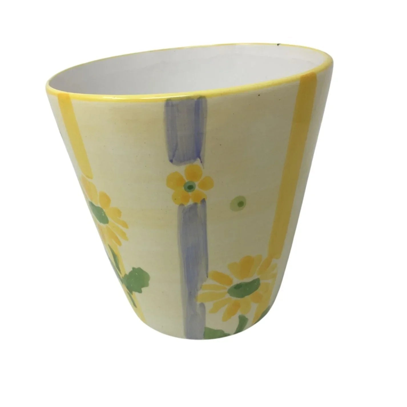 Small Flower Vase/Planter with Yellow Flowers on it and Blue/Yellow Stripes - A+ Stuff - Vaes or Planter - A+ Stuff