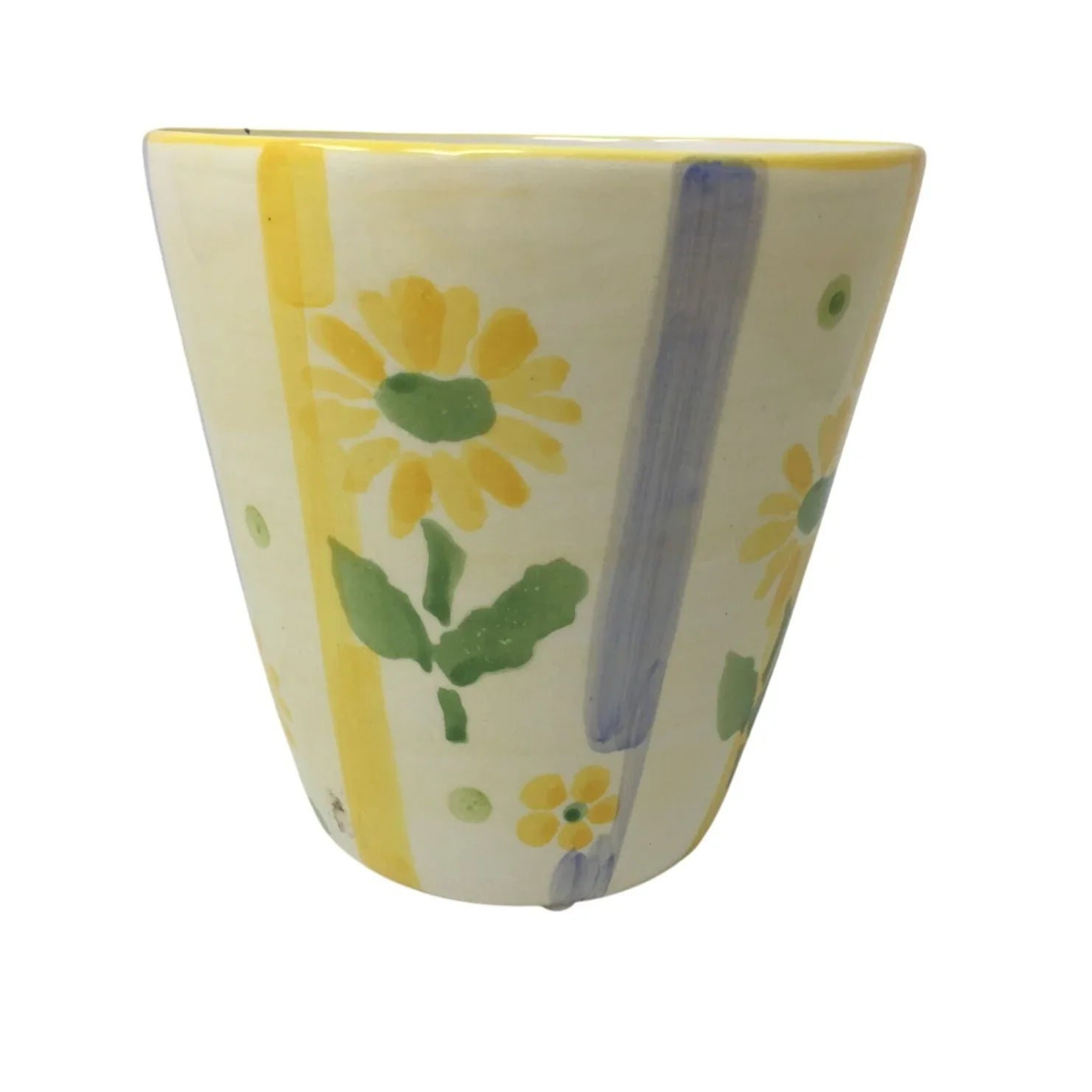 Small Flower Vase/Planter with Yellow Flowers on it and Blue/Yellow Stripes - A+ Stuff - Vaes or Planter - A+ Stuff
