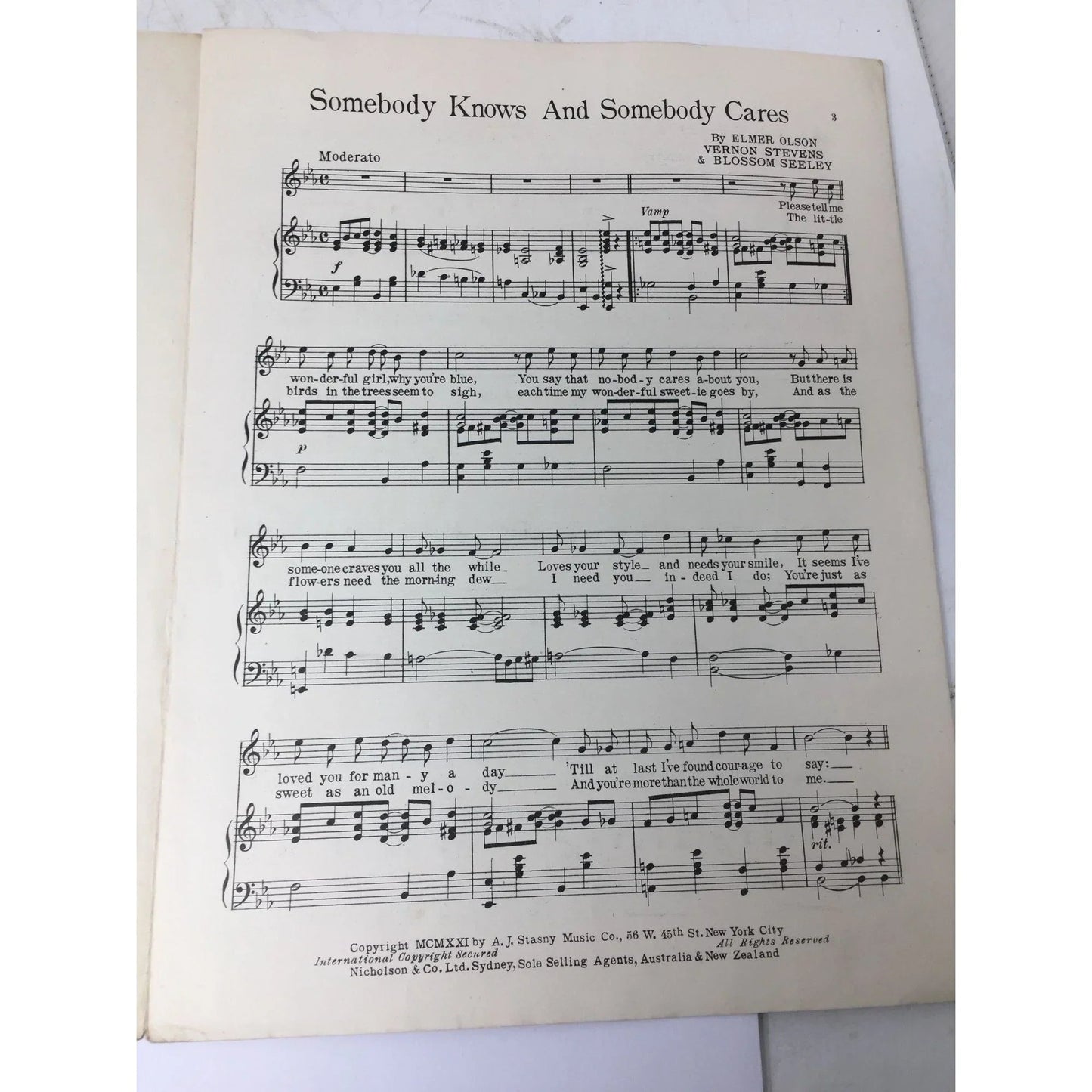 ''Somebody Knows (And Somebody Cares)'' By Blossom Seeley, Elmer Olson, Vernon Stevens - A+ Stuff - SHEET MUSIC - A+ Stuff