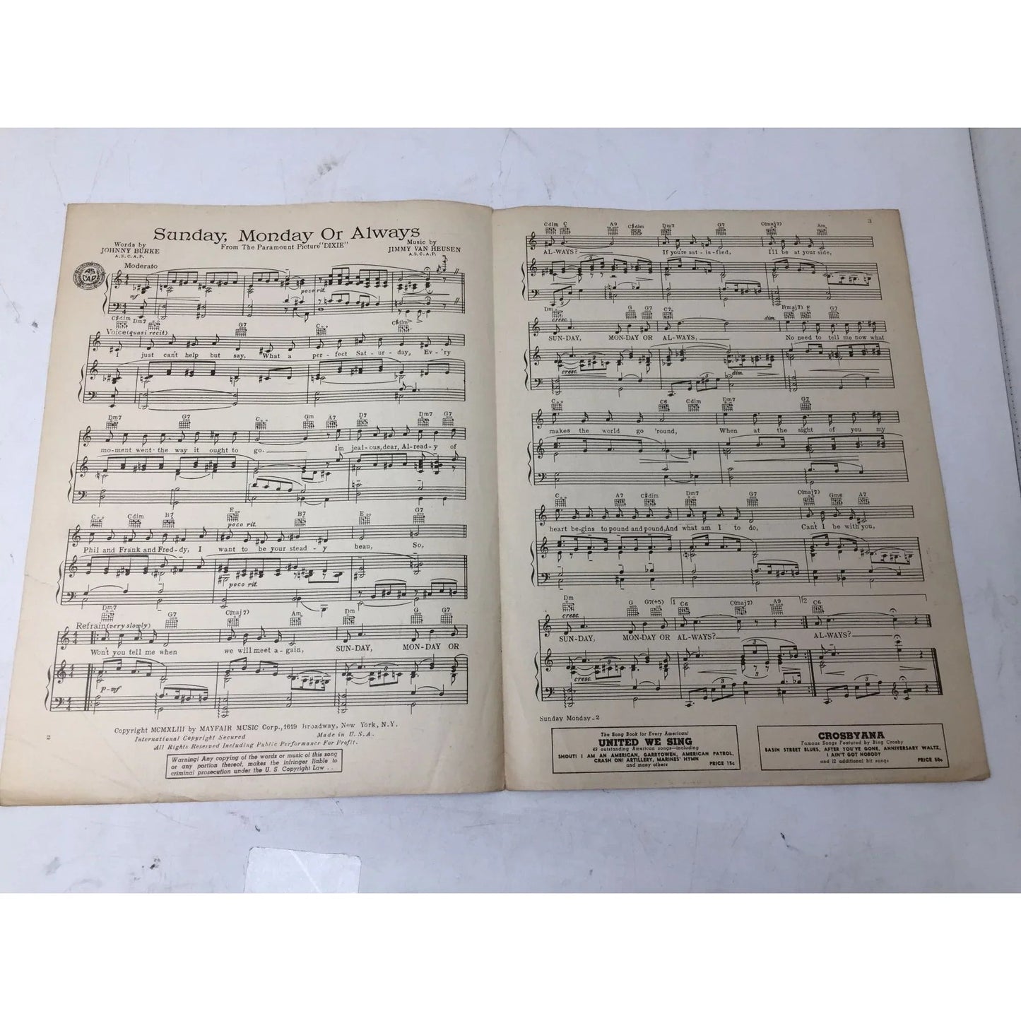 ''Sunday, Monday, Or Always'' Vintage 1943 Sheet Music - Mayfair music corp. - sheet music - A+ Stuff
