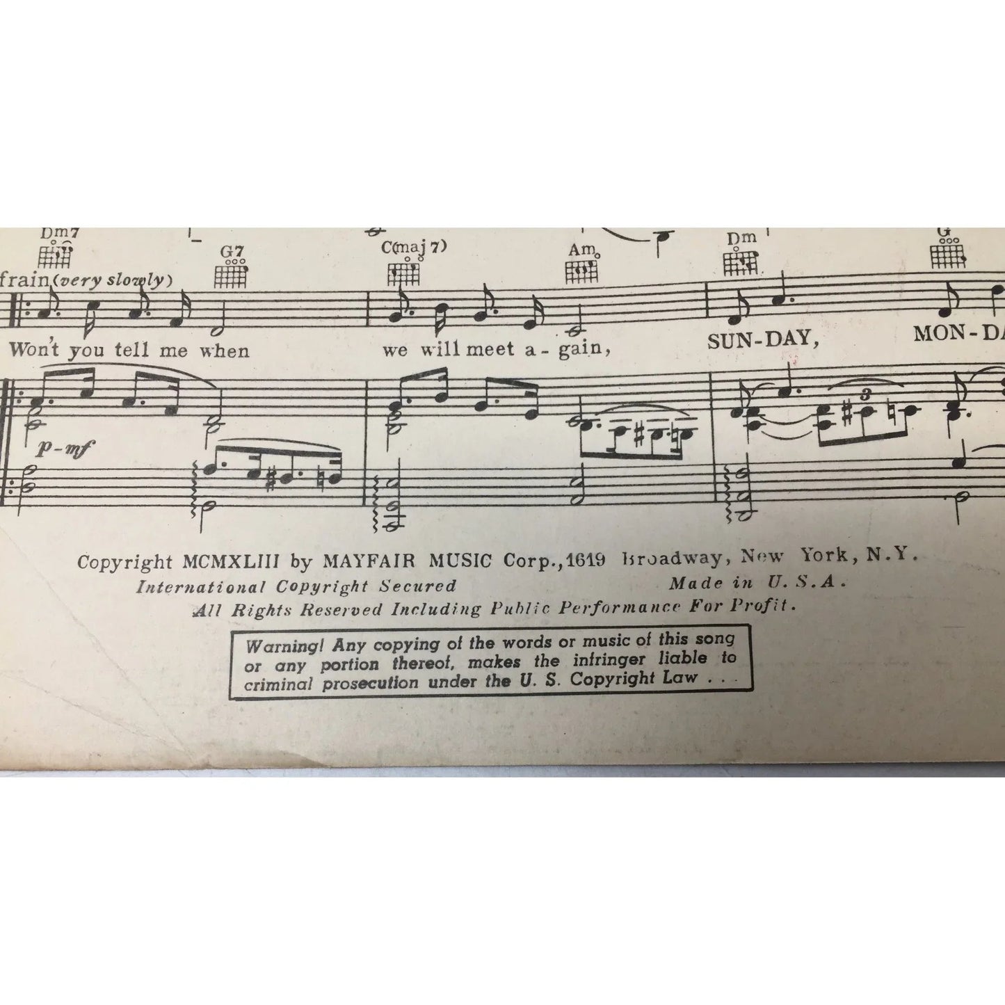''Sunday, Monday, Or Always'' Vintage 1943 Sheet Music - Mayfair music corp. - sheet music - A+ Stuff