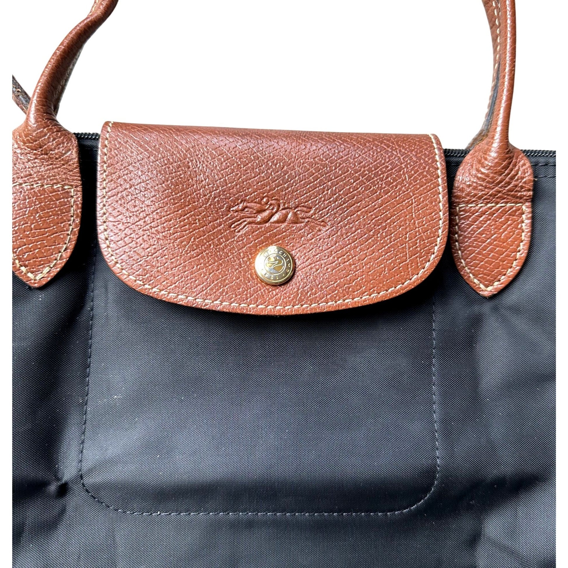 Longchamp Le Pliage Shopping MODÈLE DÉPOSÉ Black w/ Brown Leather Trim Tote Bag Longchamp  A+ Stuff Tote Bag