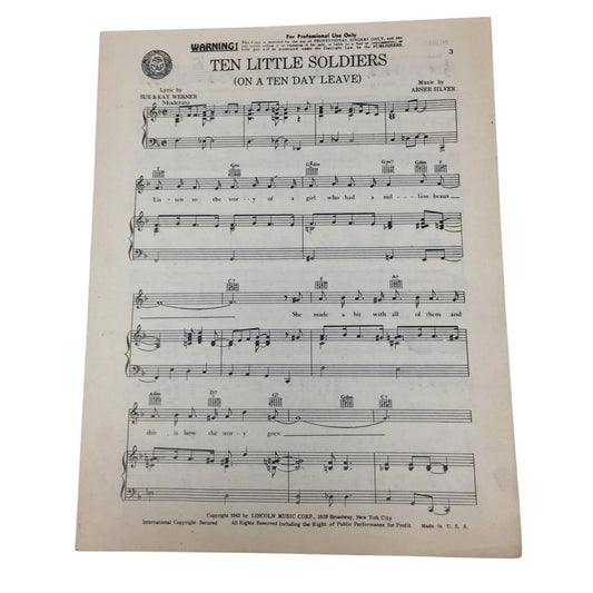 ''Ten Little Soldiers (On a ten day leave)'' Vintage 1942 Sheet Music - A+ Stuff - sheet music - A+ Stuff