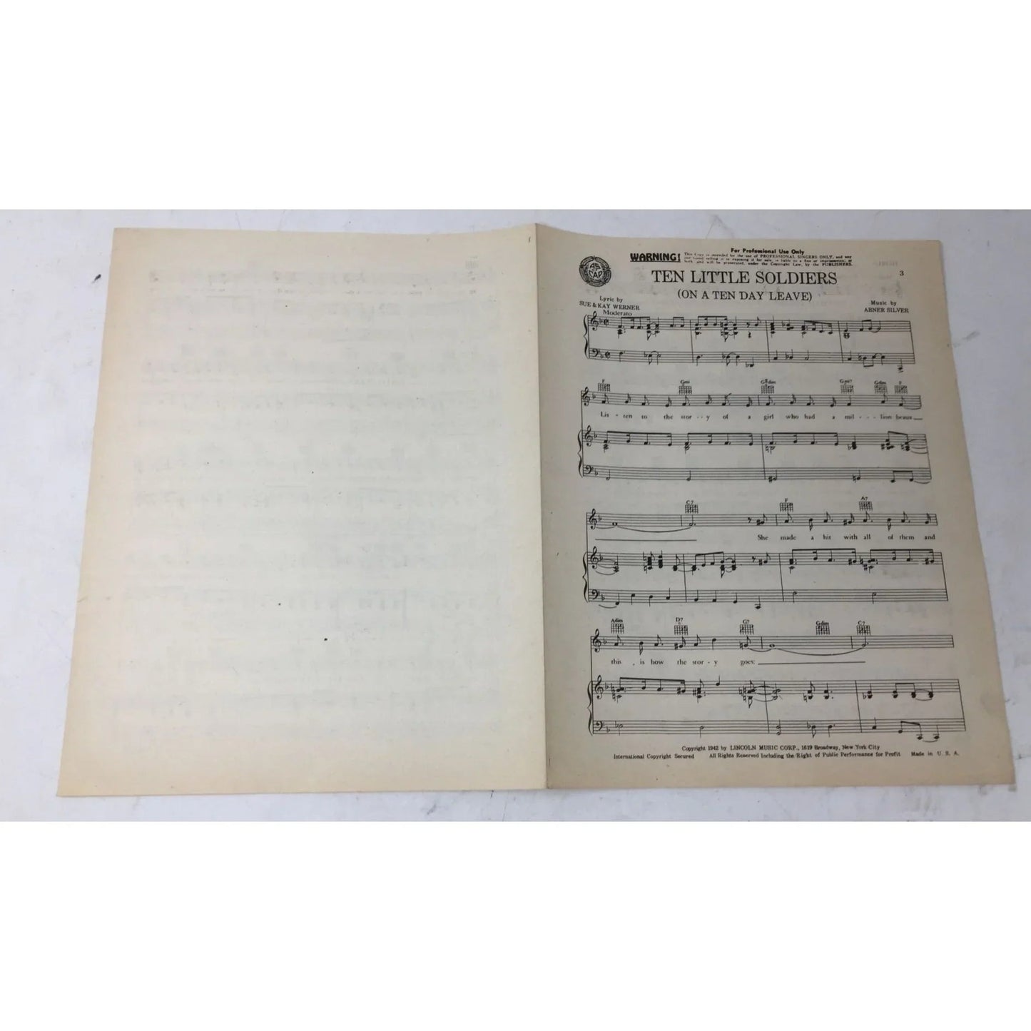 ''Ten Little Soldiers (On a ten day leave)'' Vintage 1942 Sheet Music - A+ Stuff - sheet music - A+ Stuff