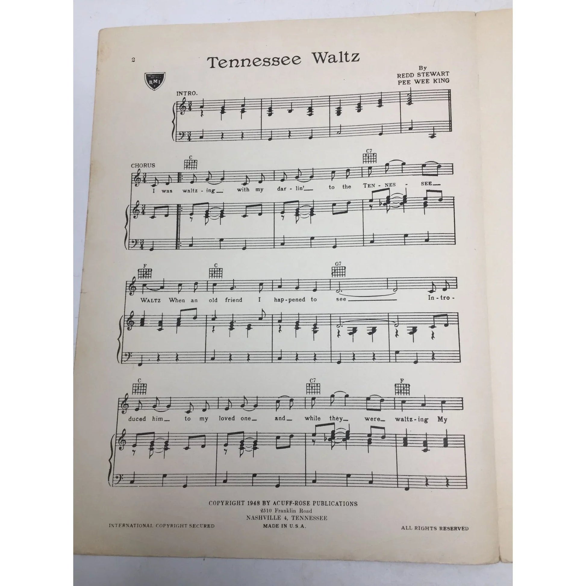 TENNESSEE WALTZ BY REDD STEWART AND PEE WEE KING - A+ Stuff - SHEET MUSIC - A+ Stuff