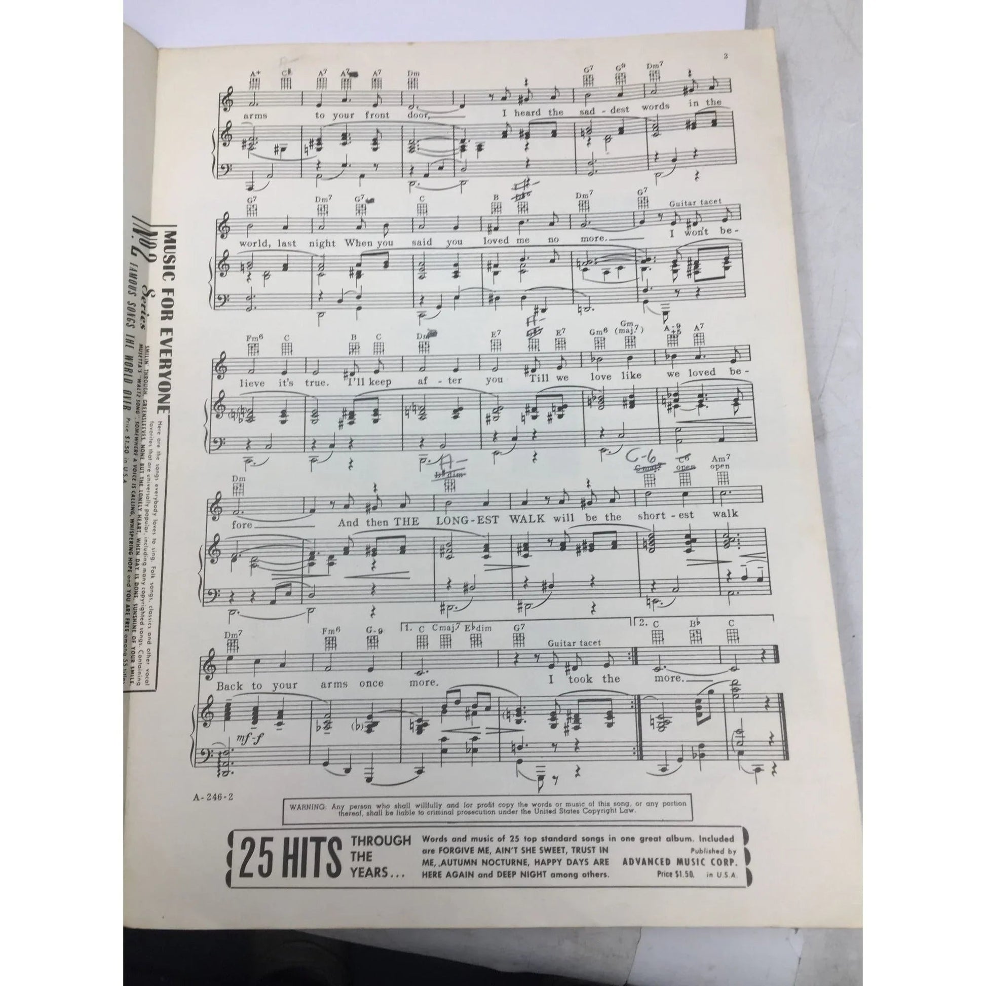 ''The Longest Walk'' Words by Eddie Pola and Music by Fred Spielman - A+ Stuff - SHEET MUSIC - A+ Stuff