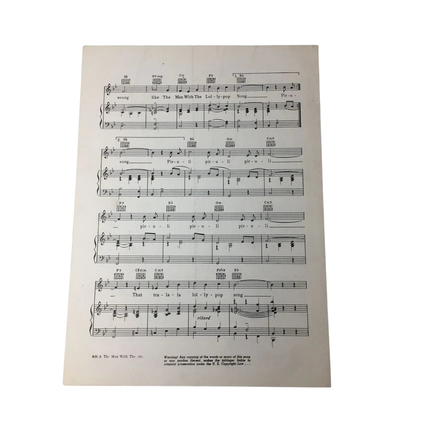 ''The Man with the Lollypop Song'' Vintage 1941 Sheet Music - Bregman Vocco and Conn inc - sheet music - A+ Stuff