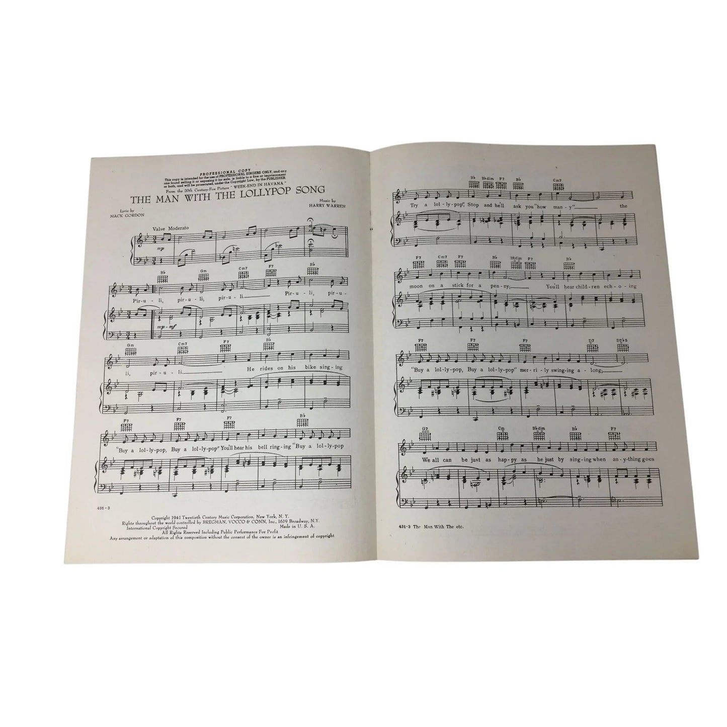 ''The Man with the Lollypop Song'' Vintage 1941 Sheet Music - Bregman Vocco and Conn inc - sheet music - A+ Stuff