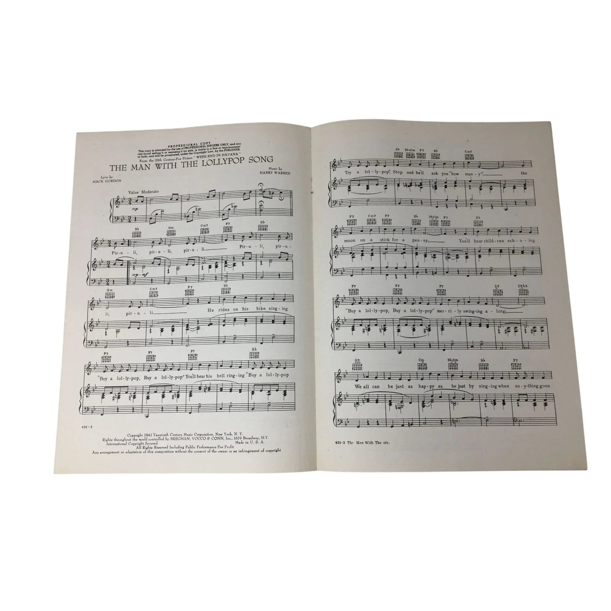 ''The Man with the Lollypop Song'' Vintage 1941 Sheet Music - Bregman Vocco and Conn inc - sheet music - A+ Stuff