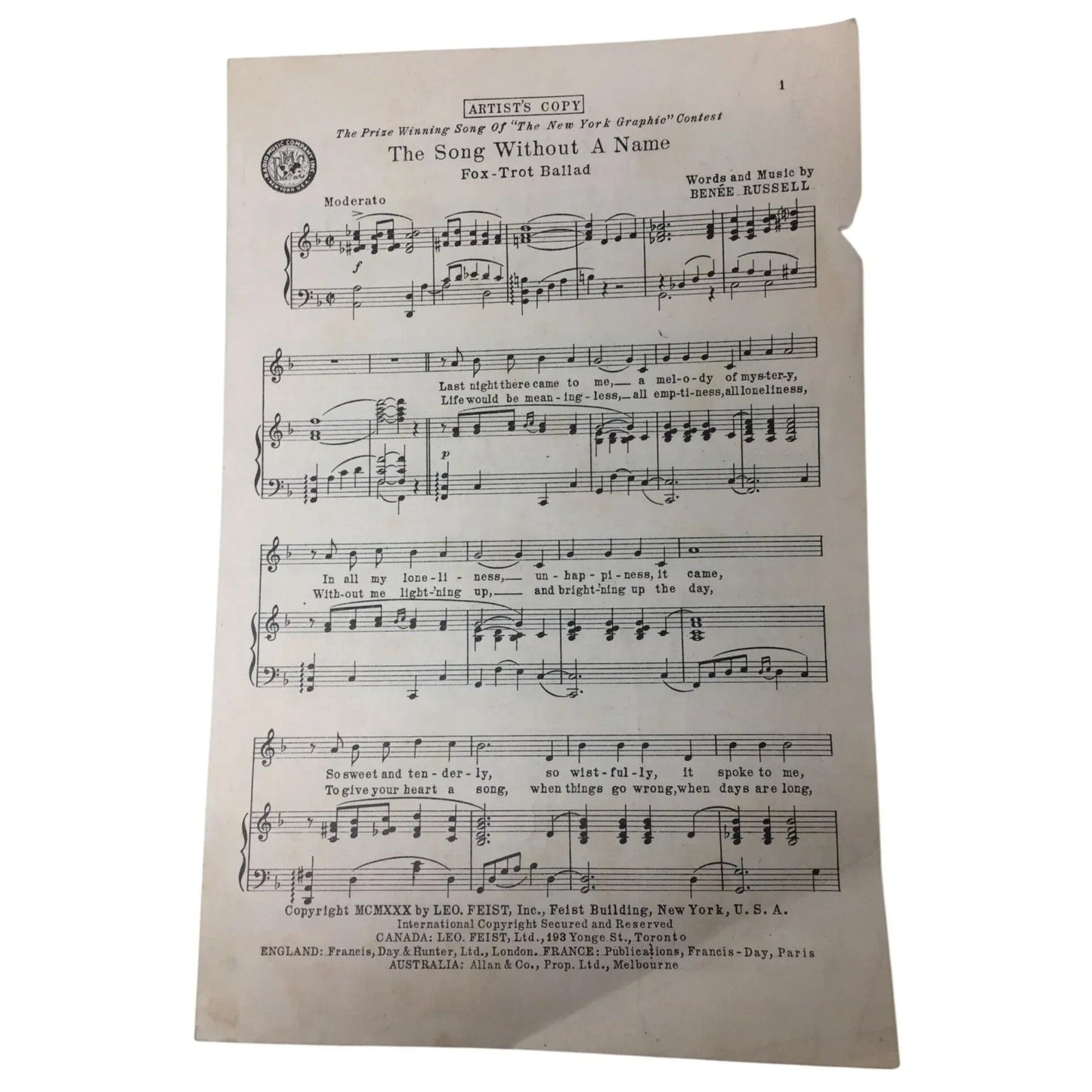 ''THE SONG WITHOUT A NAME'' Words and Music by Benee Russell - A+ Stuff - SHEET MUSIC - A+ Stuff