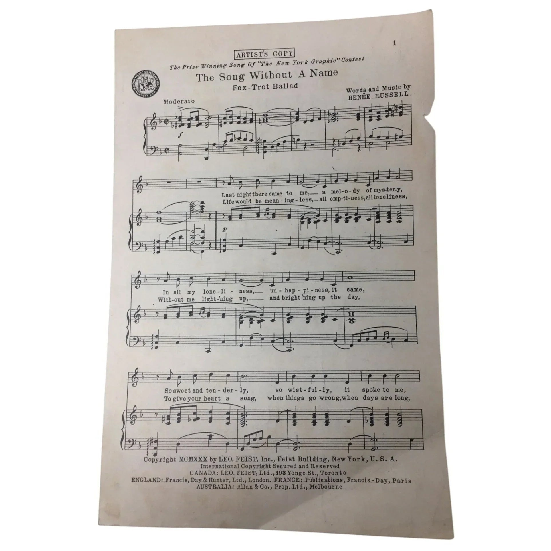 ''THE SONG WITHOUT A NAME'' Words and Music by Benee Russell - A+ Stuff - SHEET MUSIC - A+ Stuff
