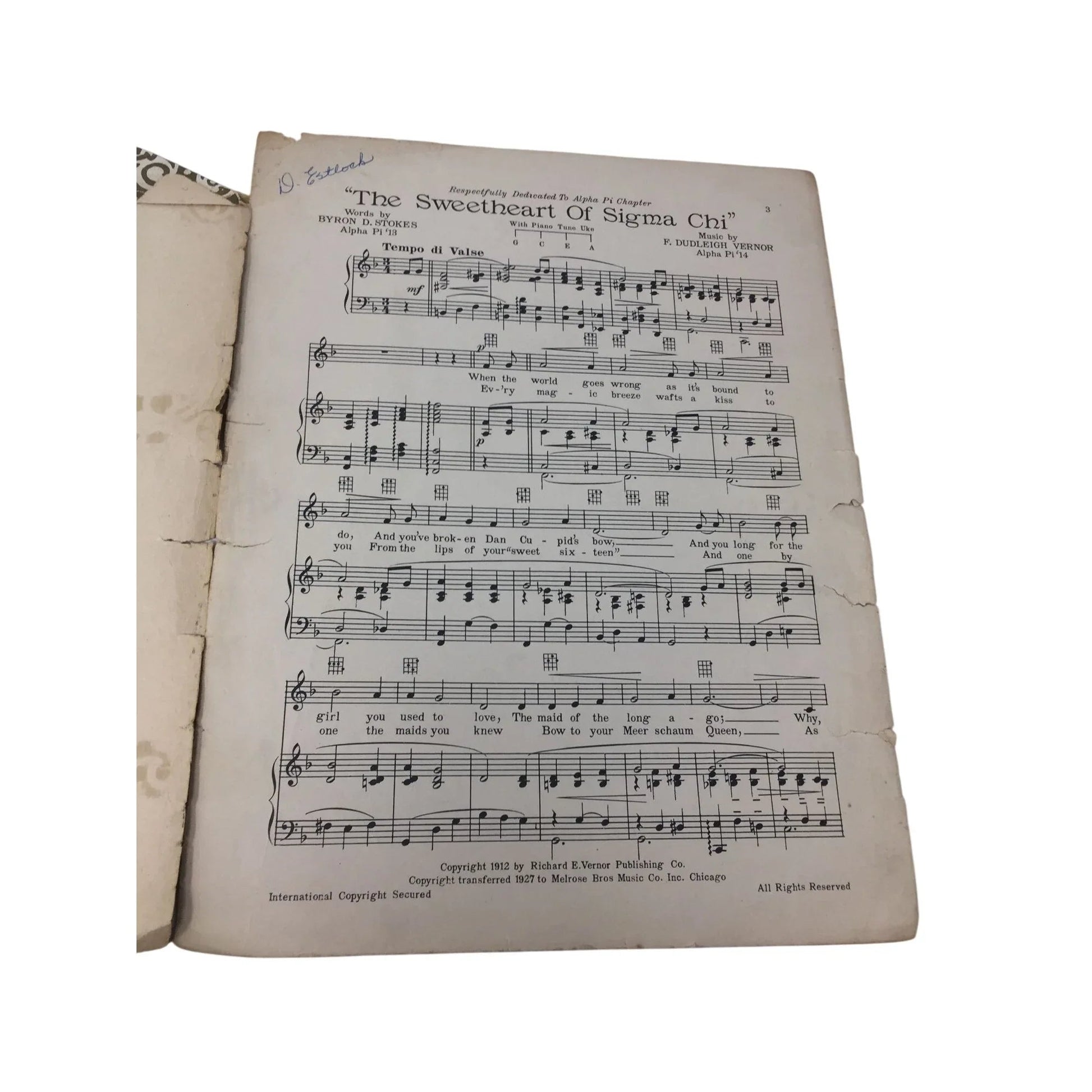 ''THE SWEETHEART OF SIGMA CHI'' VINTAGE SHEET MUSIC - A+ Stuff - SHEET MUSIC - A+ Stuff