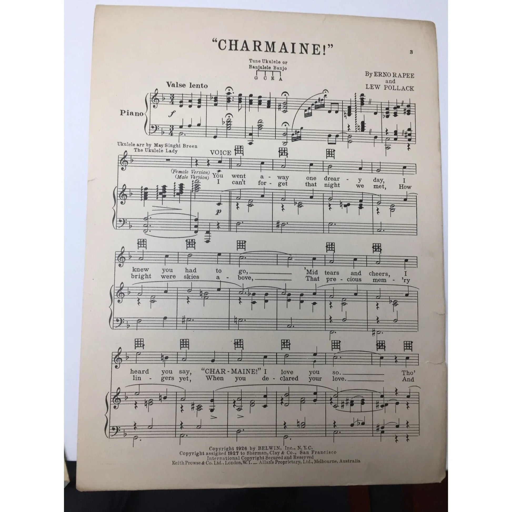 Theme song from ''What Price Glory'' ''Charmaine'' With Ukulele Arrangement - A+ Stuff - SHEET MUSIC - A+ Stuff