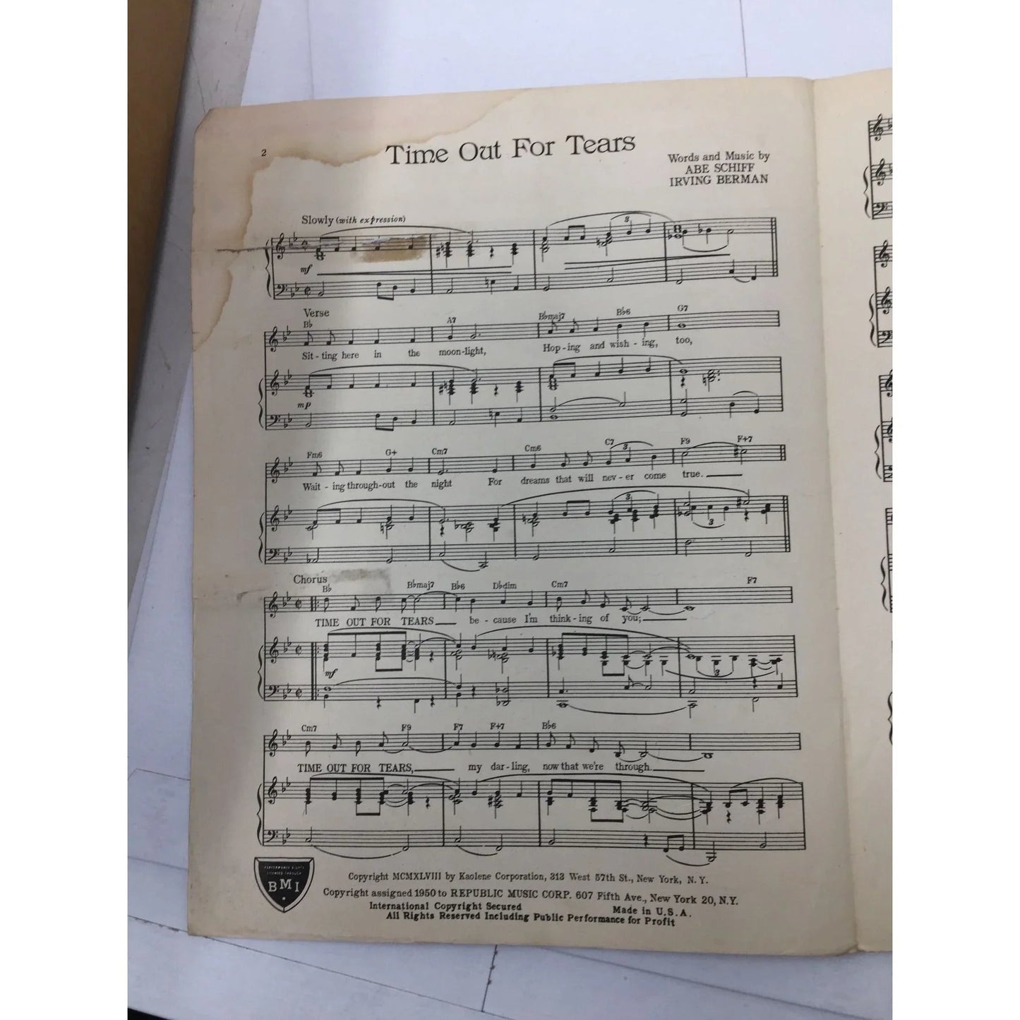 ''Time Out For Tears'' Words and Music by Abe Schiff and Irving Berman - A+ Stuff - SHEET MUSIC - A+ Stuff
