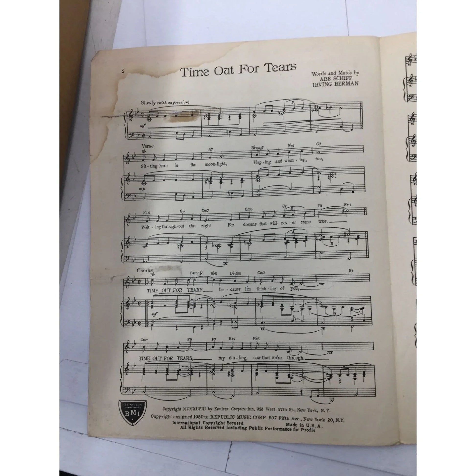 ''Time Out For Tears'' Words and Music by Abe Schiff and Irving Berman - A+ Stuff - SHEET MUSIC - A+ Stuff