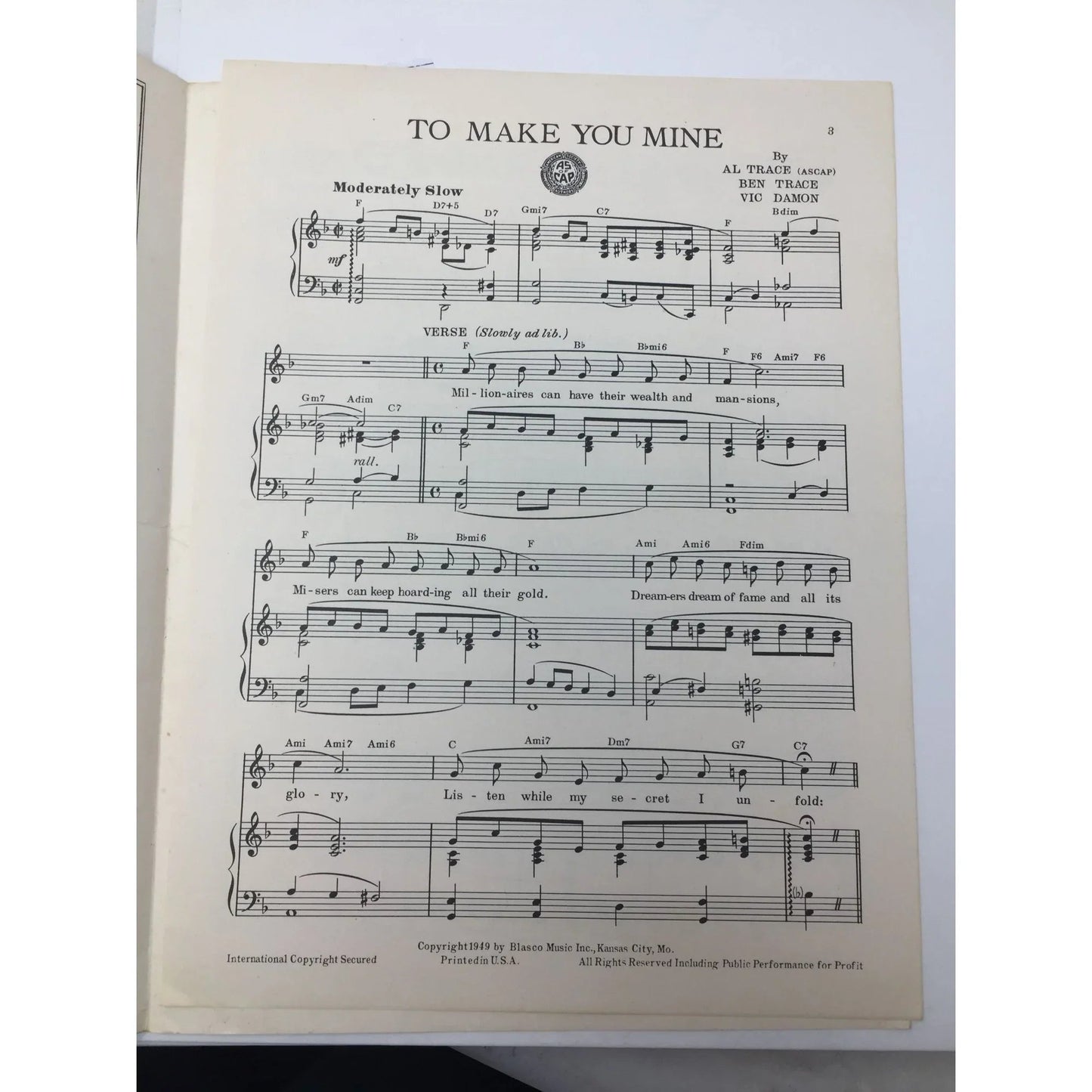 ''To Make You Mine'' Vintage Sheet Music (by Al Trace, Ben Trace, Vic Damon) - A+ Stuff - sheet music - A+ Stuff