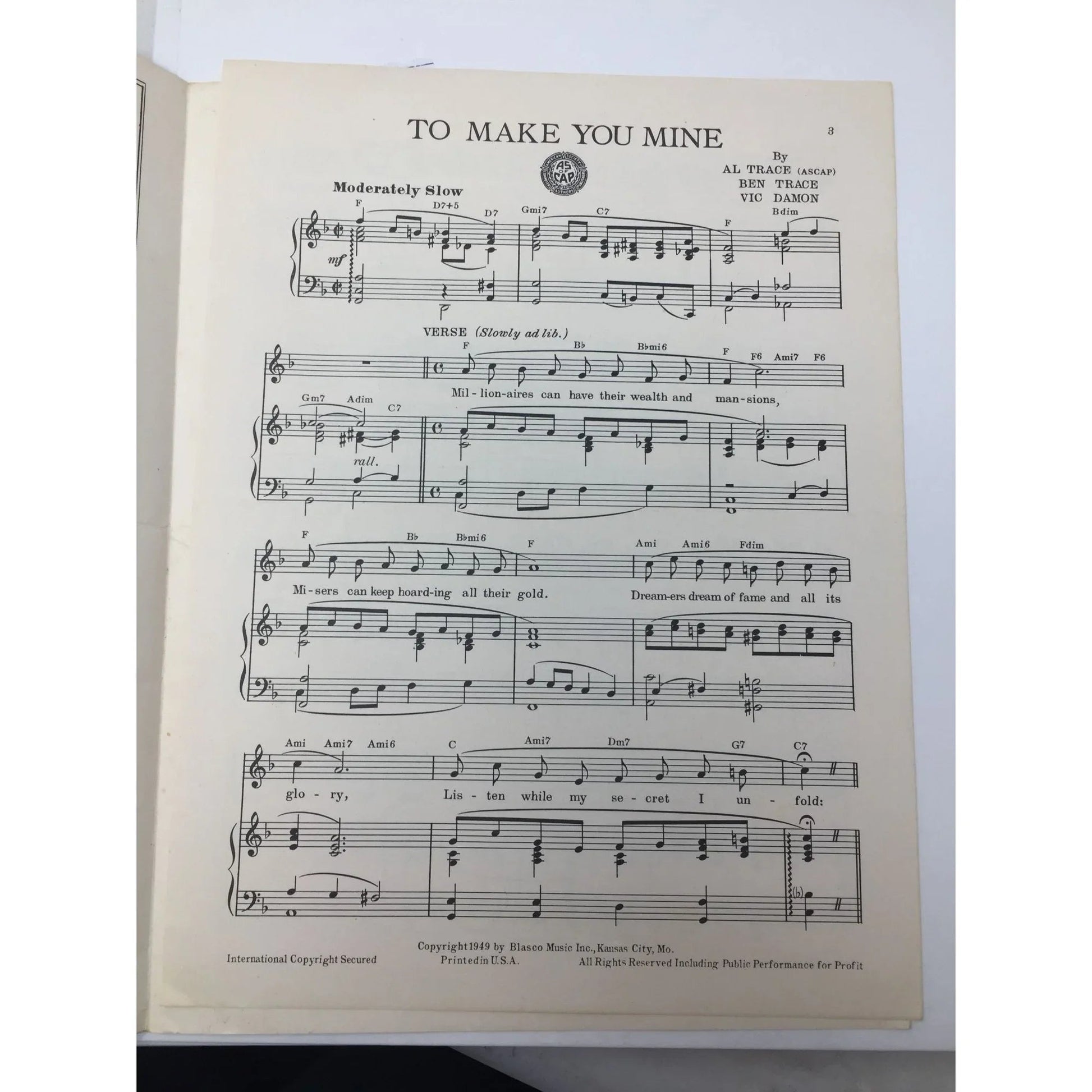 ''To Make You Mine'' Vintage Sheet Music (by Al Trace, Ben Trace, Vic Damon) - A+ Stuff - sheet music - A+ Stuff