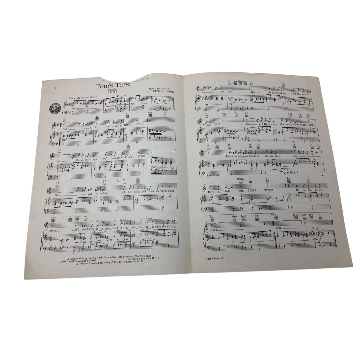 ''TOM'S TUNE'' VINTAGE 1951 SHEET MUSIC - A+ Stuff - SHEET MUSIC - A+ Stuff