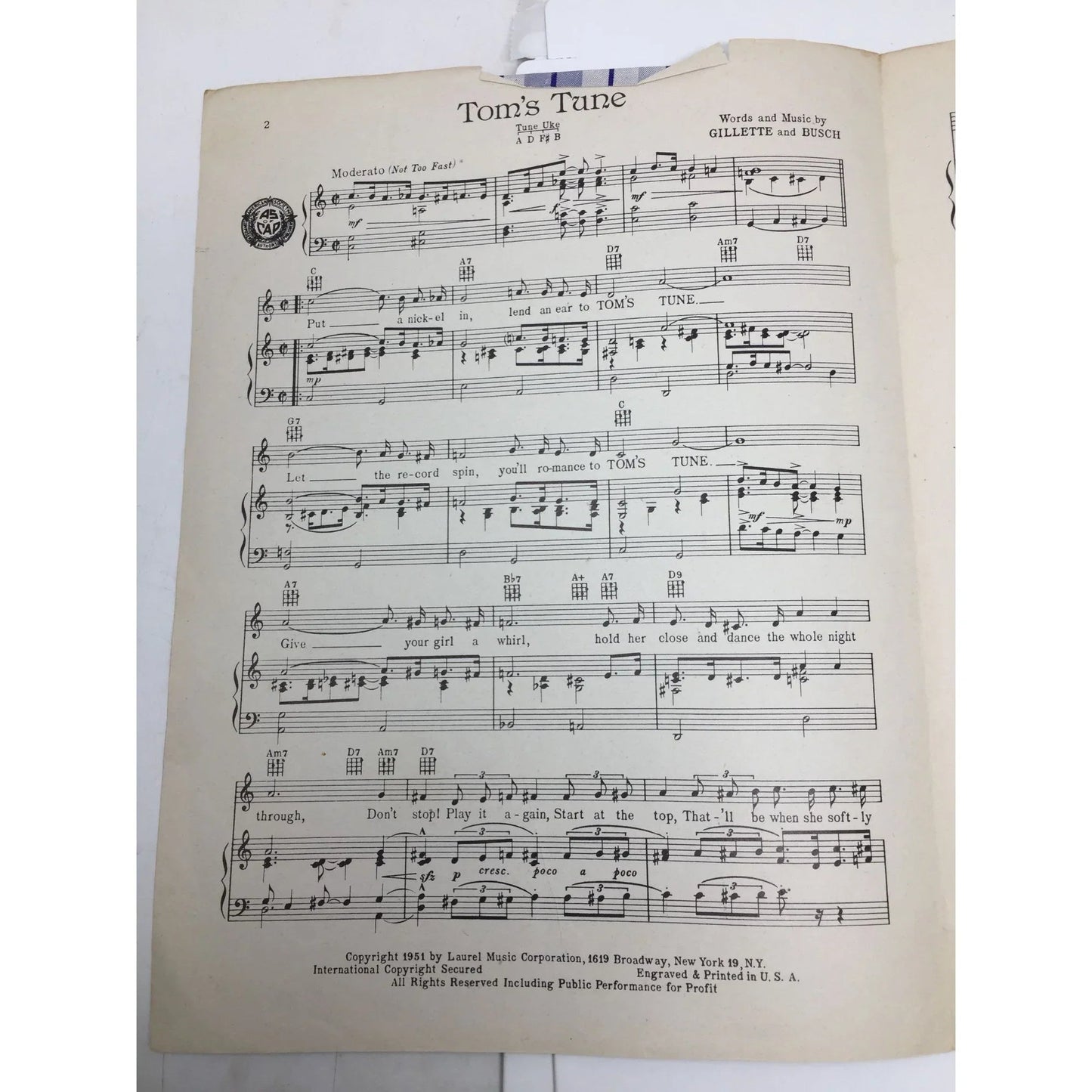 ''TOM'S TUNE'' VINTAGE 1951 SHEET MUSIC - A+ Stuff - SHEET MUSIC - A+ Stuff