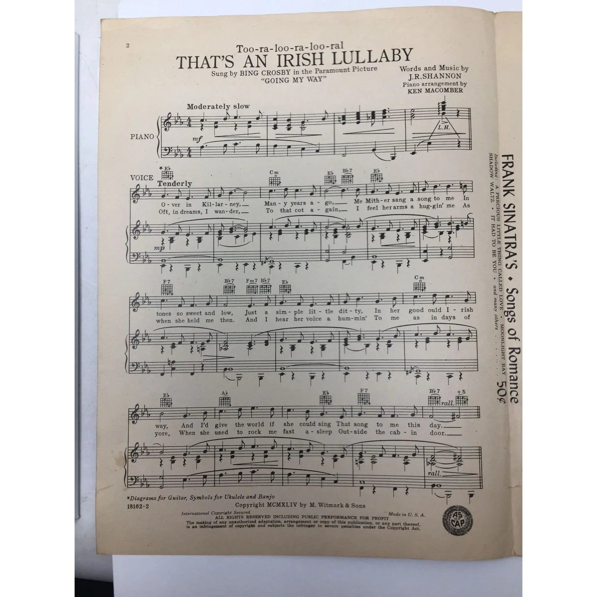 Too - Ra - Loo - Ra - Loo - Ral That's an Irish Lullaby Vintage sheet music - A+ Stuff - SHEET MUSIC - A+ Stuff