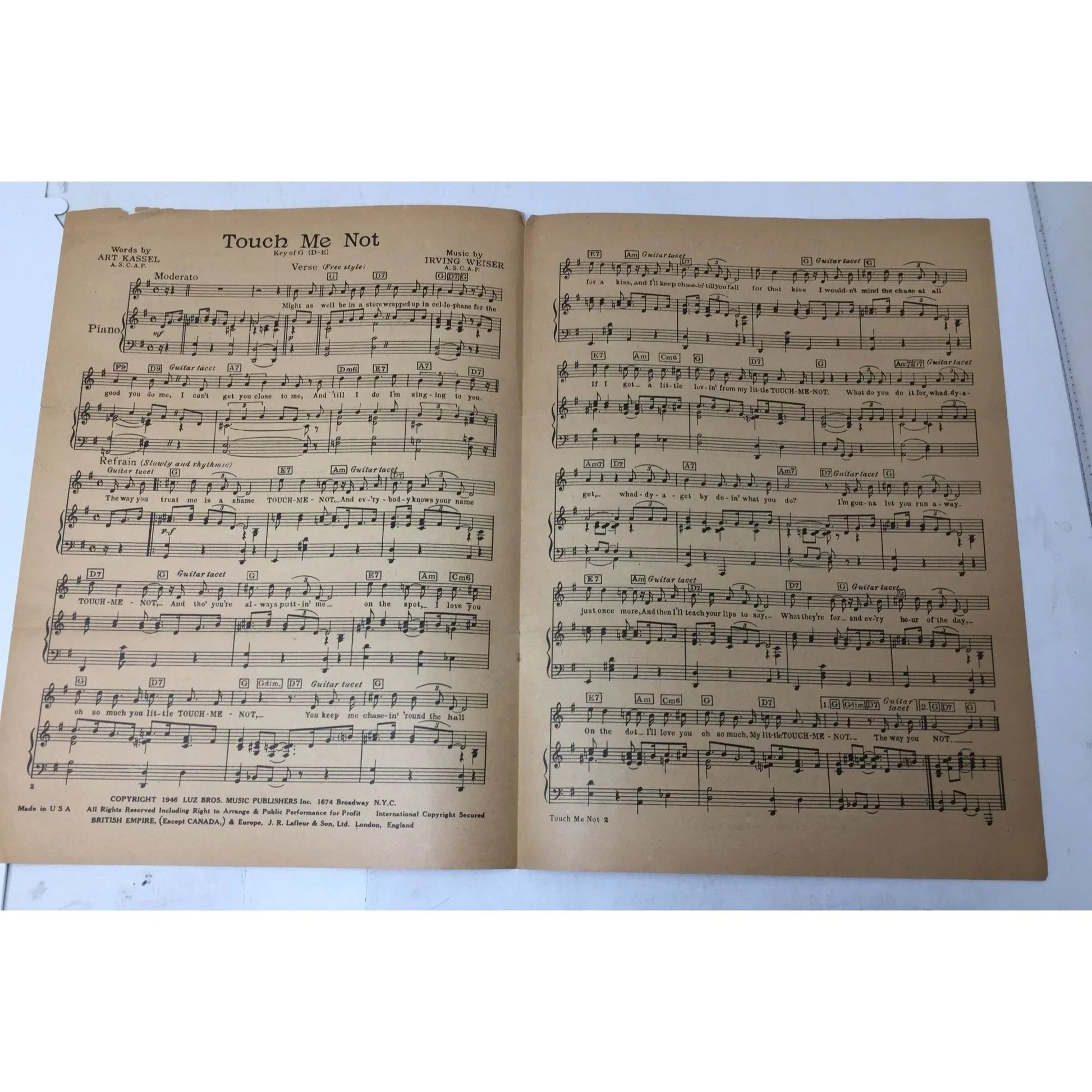 ''TOUCH ME NOT'' Vintage Sheet Music - A+ Stuff - sheet music - A+ Stuff