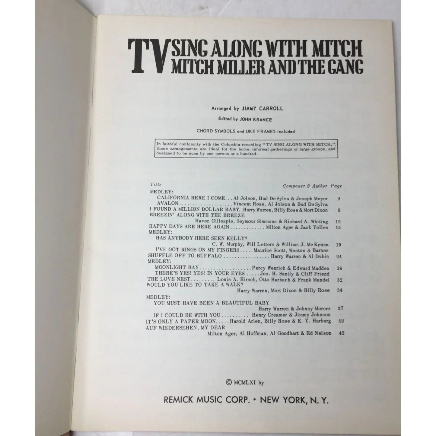''TV Sing Along With Mitch - Mitch Miller and the Gang'' Words and music - A+ Stuff - SHEET MUSIC - A+ Stuff