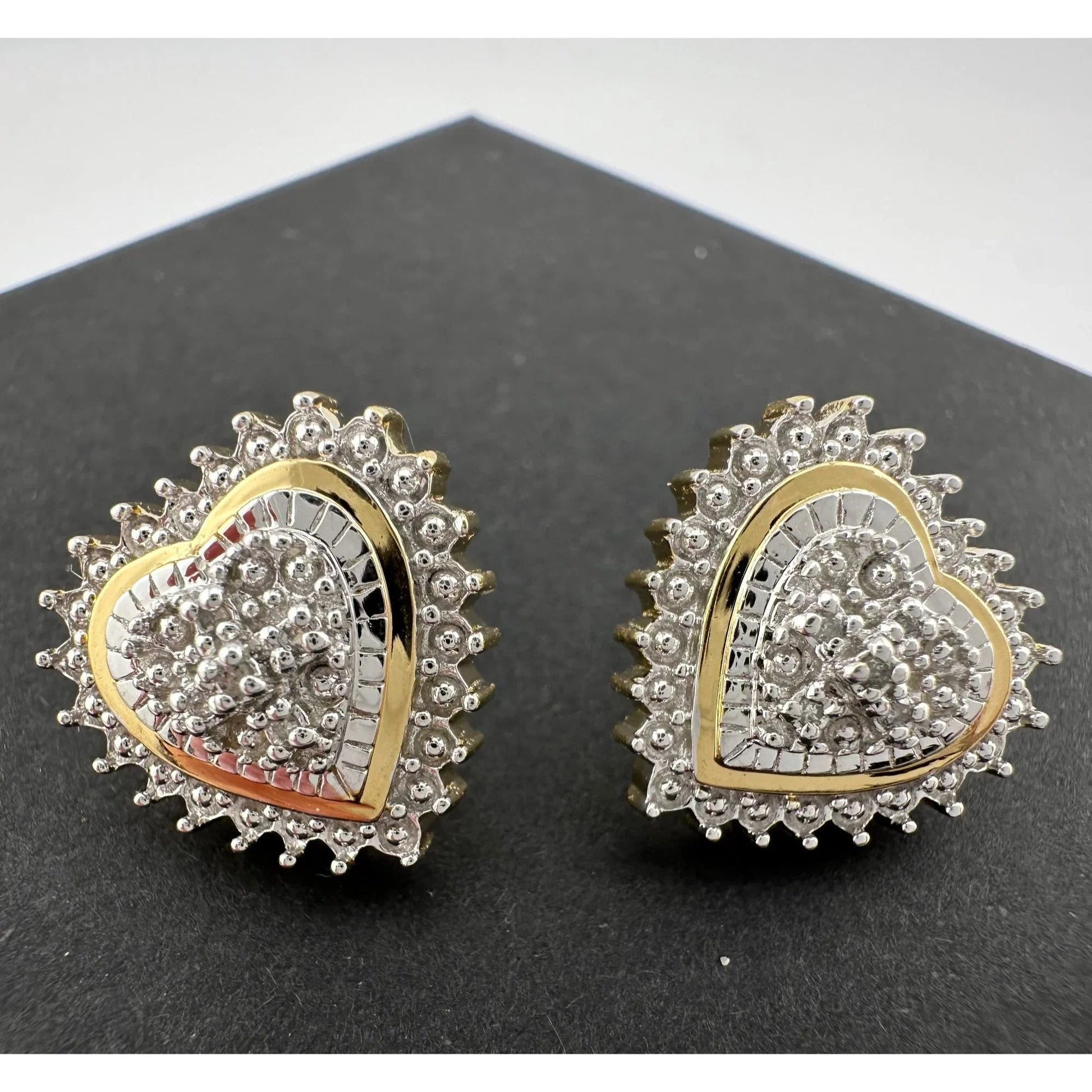 Two Tone Diamond Heart Stud Earrings in Sterling with 14 kt Gold Overlay - A+ Stuff