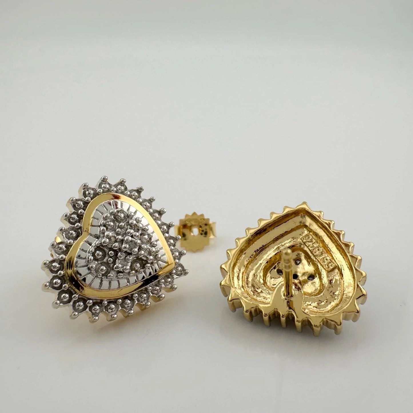 Two Tone Diamond Heart Stud Earrings in Sterling with 14 kt Gold Overlay - A+ Stuff