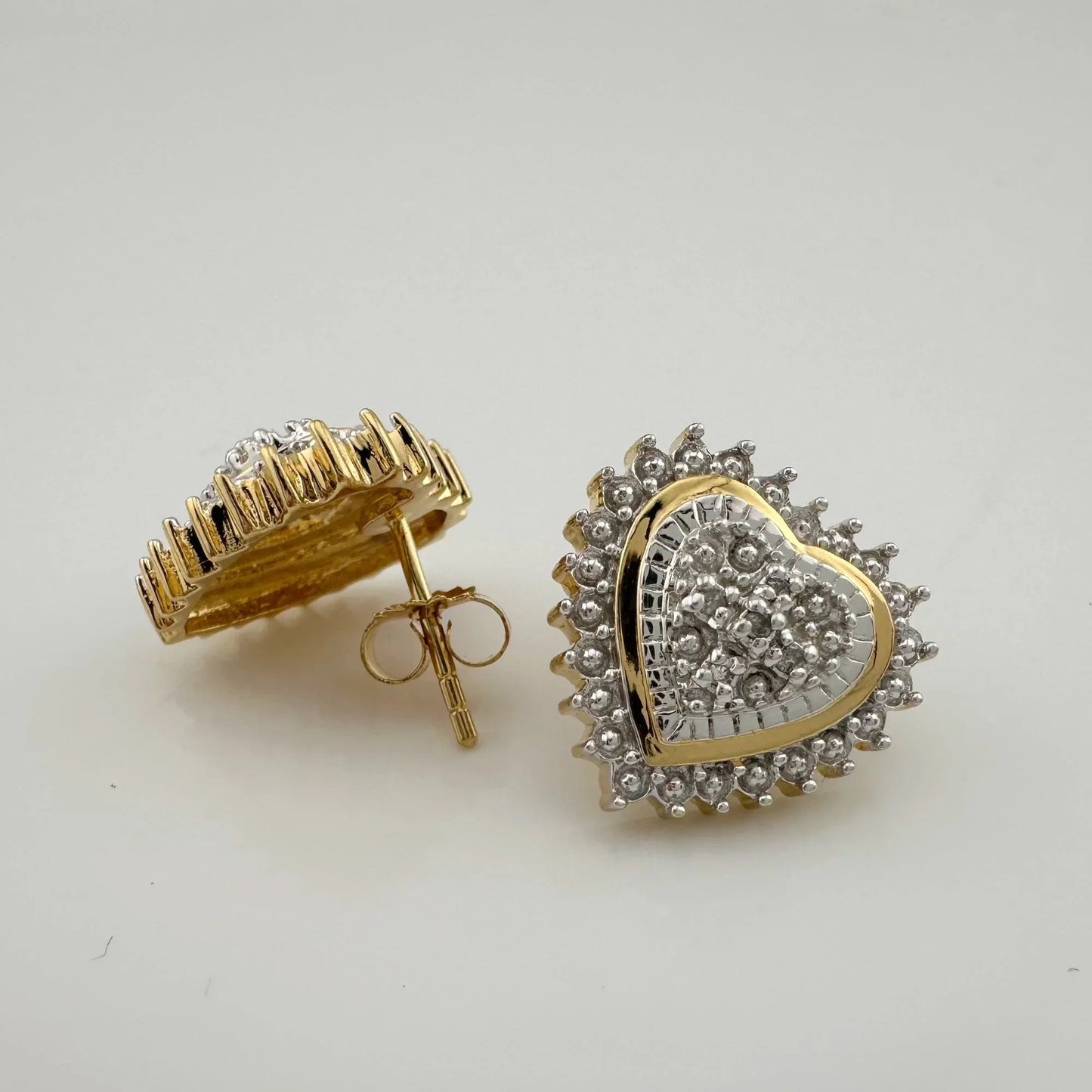 Two Tone Diamond Heart Stud Earrings in Sterling with 14 kt Gold Overlay - A+ Stuff