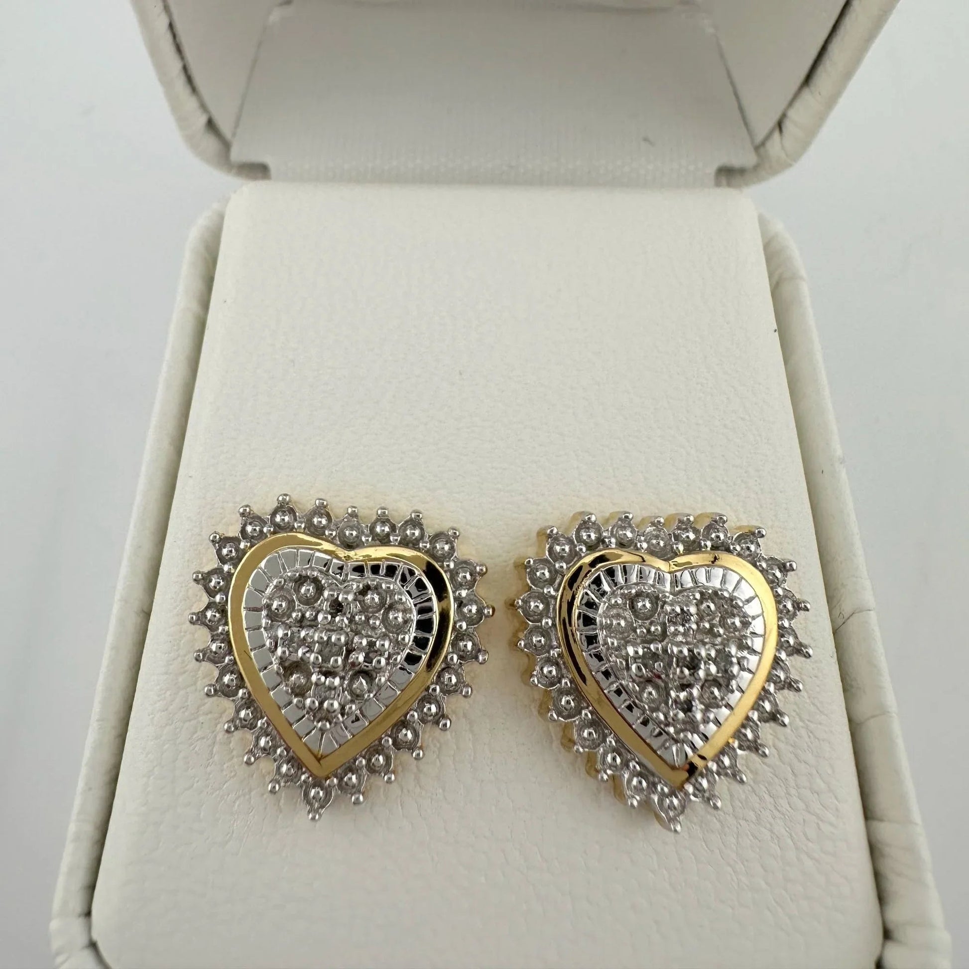 Two Tone Diamond Heart Stud Earrings in Sterling with 14 kt Gold Overlay - A+ Stuff