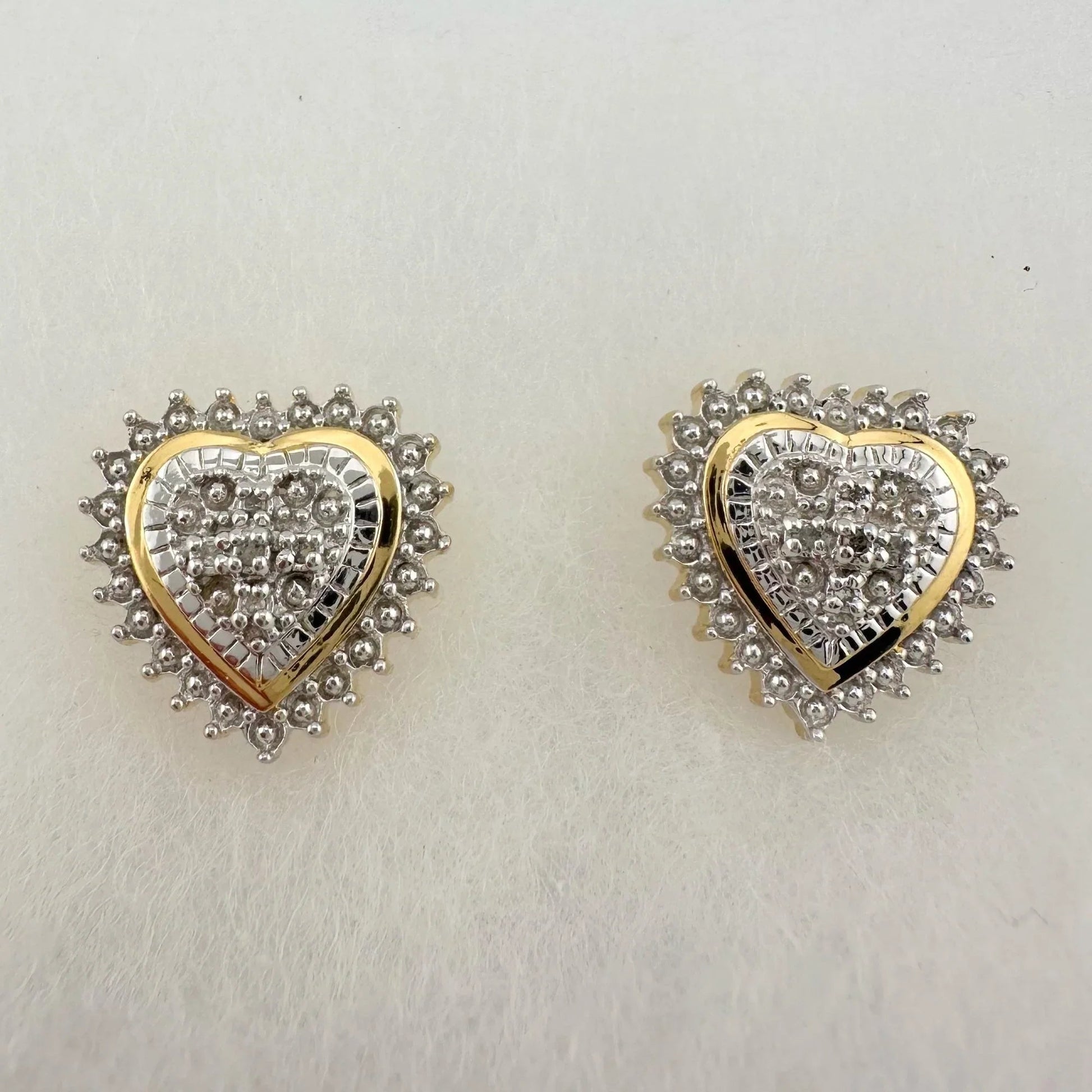 Two Tone Diamond Heart Stud Earrings in Sterling with 14 kt Gold Overlay - A+ Stuff