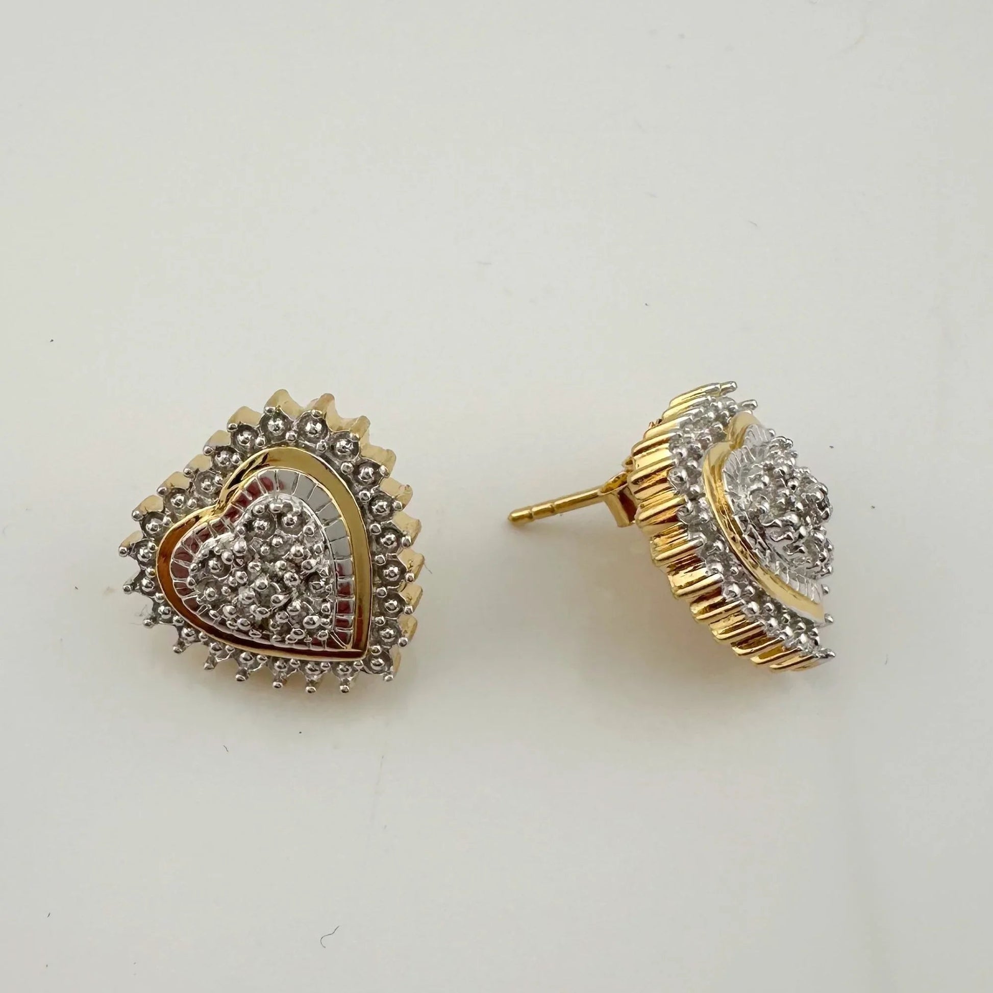 Two Tone Diamond Heart Stud Earrings in Sterling with 14 kt Gold Overlay - A+ Stuff
