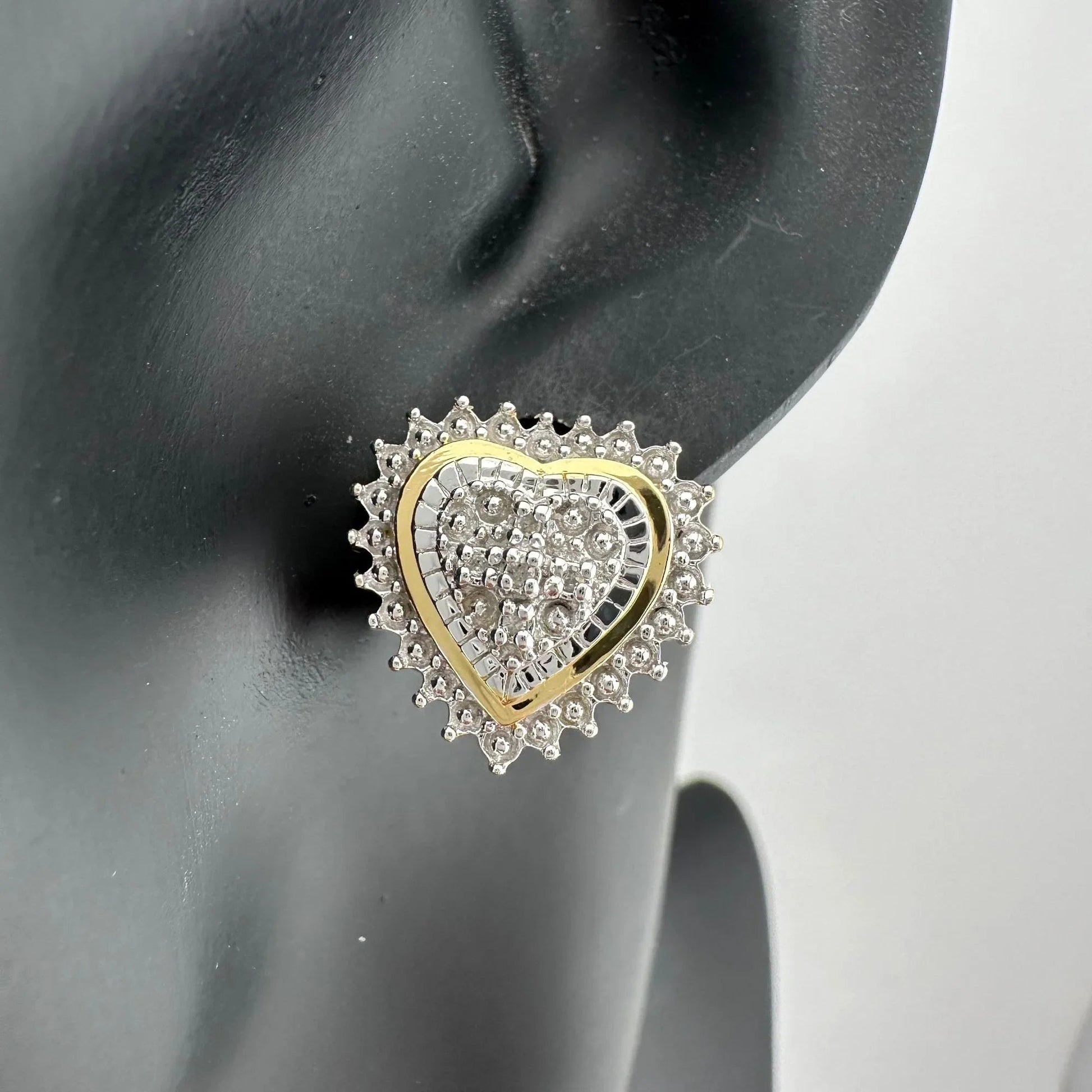 Two Tone Diamond Heart Stud Earrings in Sterling with 14 kt Gold Overlay - A+ Stuff