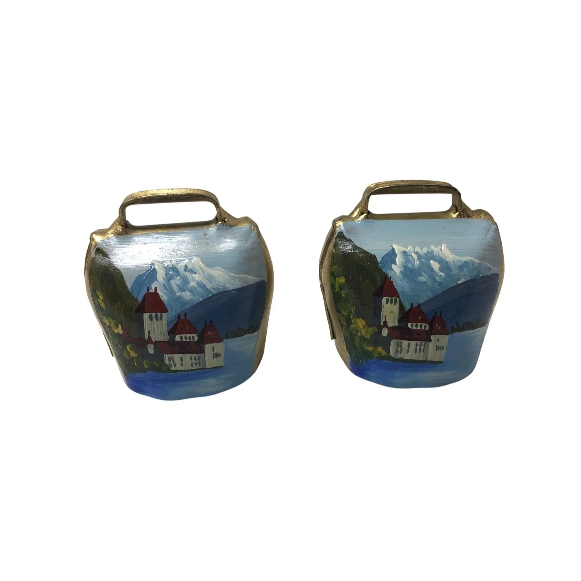 Two Vintage Hand Painted Montreux Miniature Gold Tone Cow Bells - A+ Stuff - Collectibles - A+ Stuff