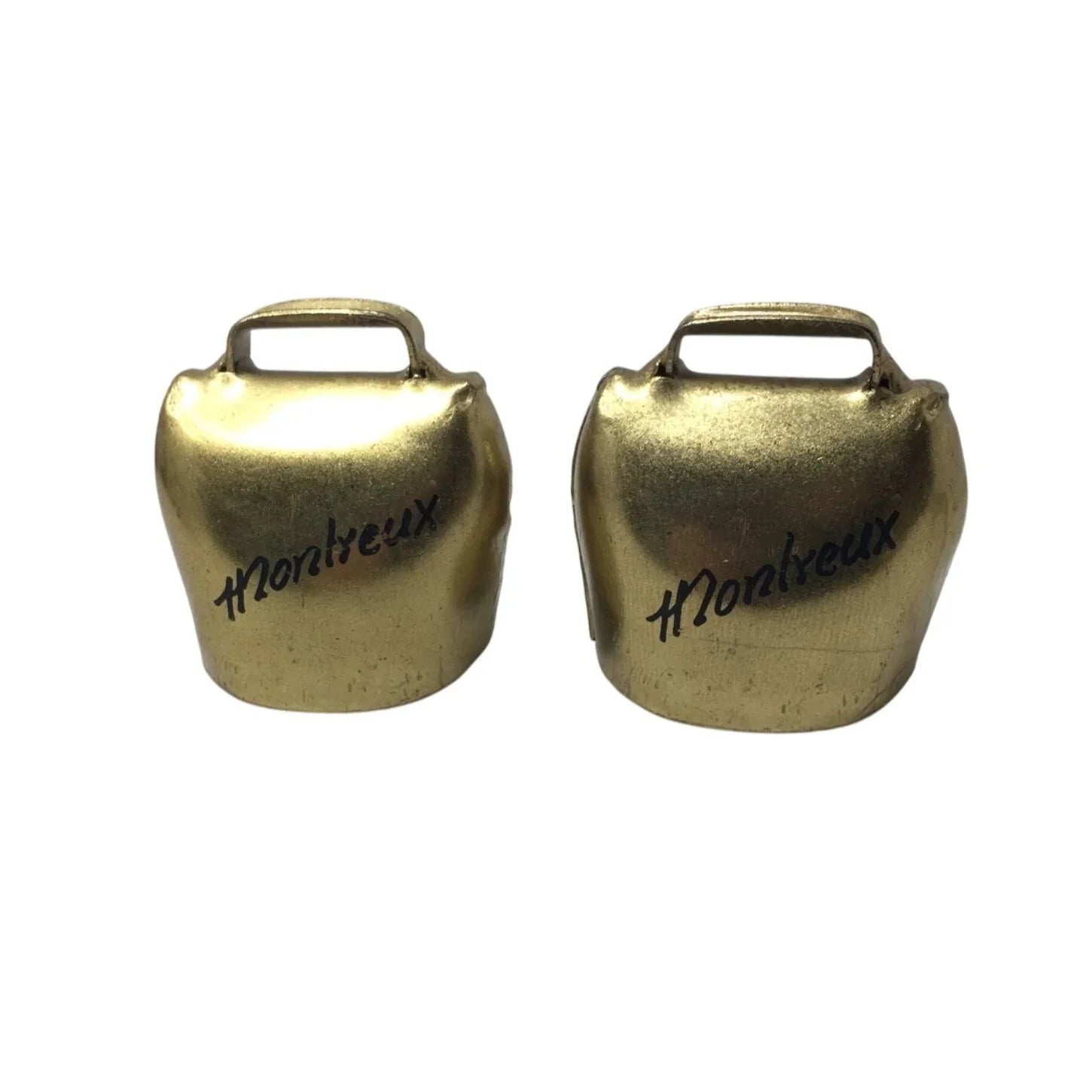 Two Vintage Hand Painted Montreux Miniature Gold Tone Cow Bells - A+ Stuff - Collectibles - A+ Stuff