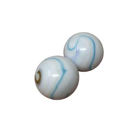 Two Vintage Milky White Shooter Marbles with Blue and Orange Stripes on them - A+ Stuff - Collectibles - A+ Stuff