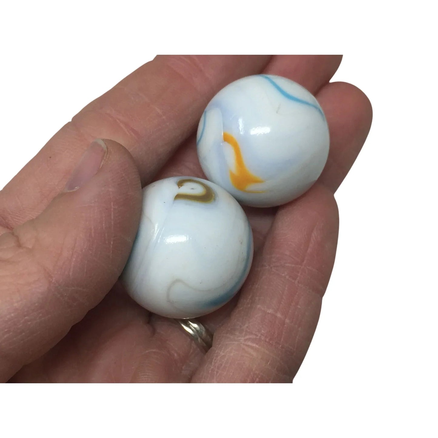 Two Vintage Milky White Shooter Marbles with Blue and Orange Stripes on them - A+ Stuff - Collectibles - A+ Stuff