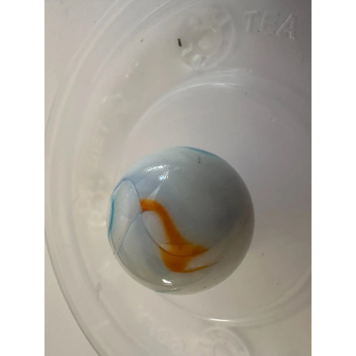 Two Vintage Milky White Shooter Marbles with Blue and Orange Stripes on them - A+ Stuff - Collectibles - A+ Stuff