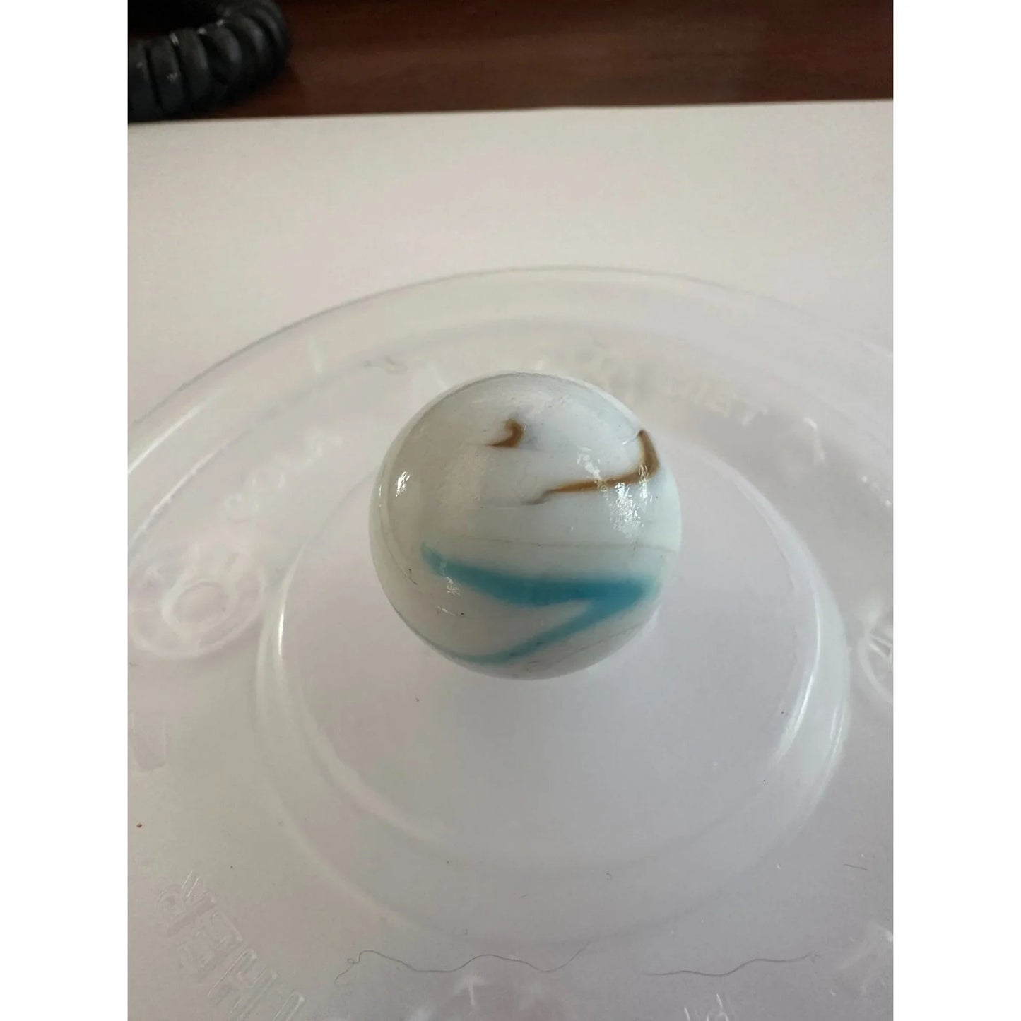 Two Vintage Milky White Shooter Marbles with Blue and Orange Stripes on them - A+ Stuff - Collectibles - A+ Stuff