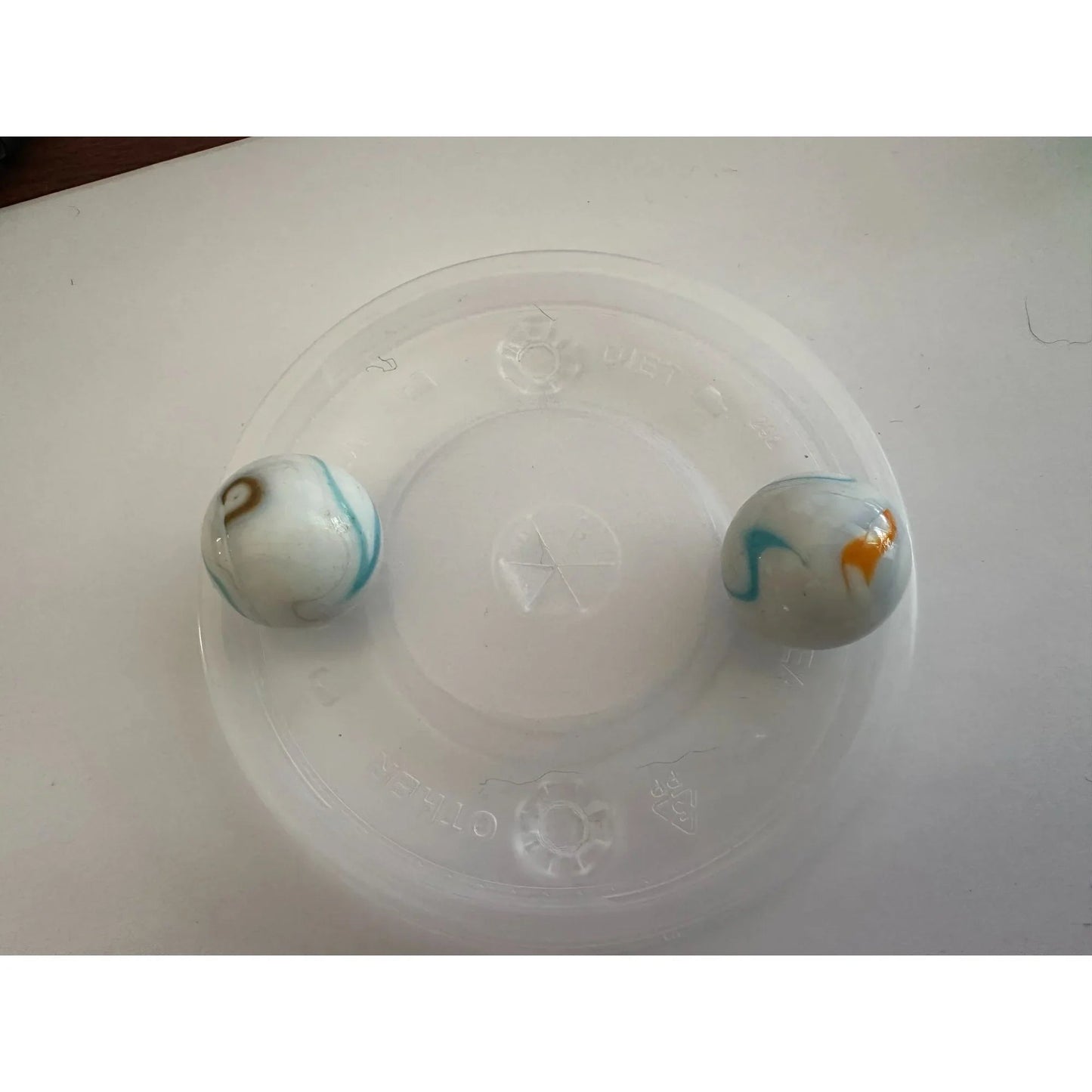 Two Vintage Milky White Shooter Marbles with Blue and Orange Stripes on them - A+ Stuff - Collectibles - A+ Stuff