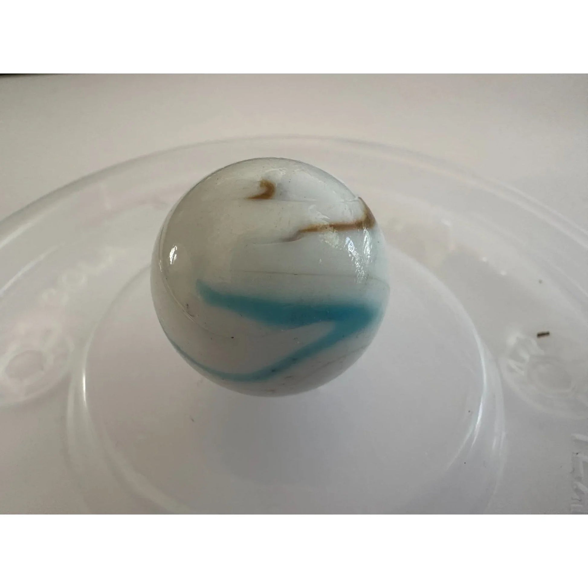 Two Vintage Milky White Shooter Marbles with Blue and Orange Stripes on them - A+ Stuff - Collectibles - A+ Stuff