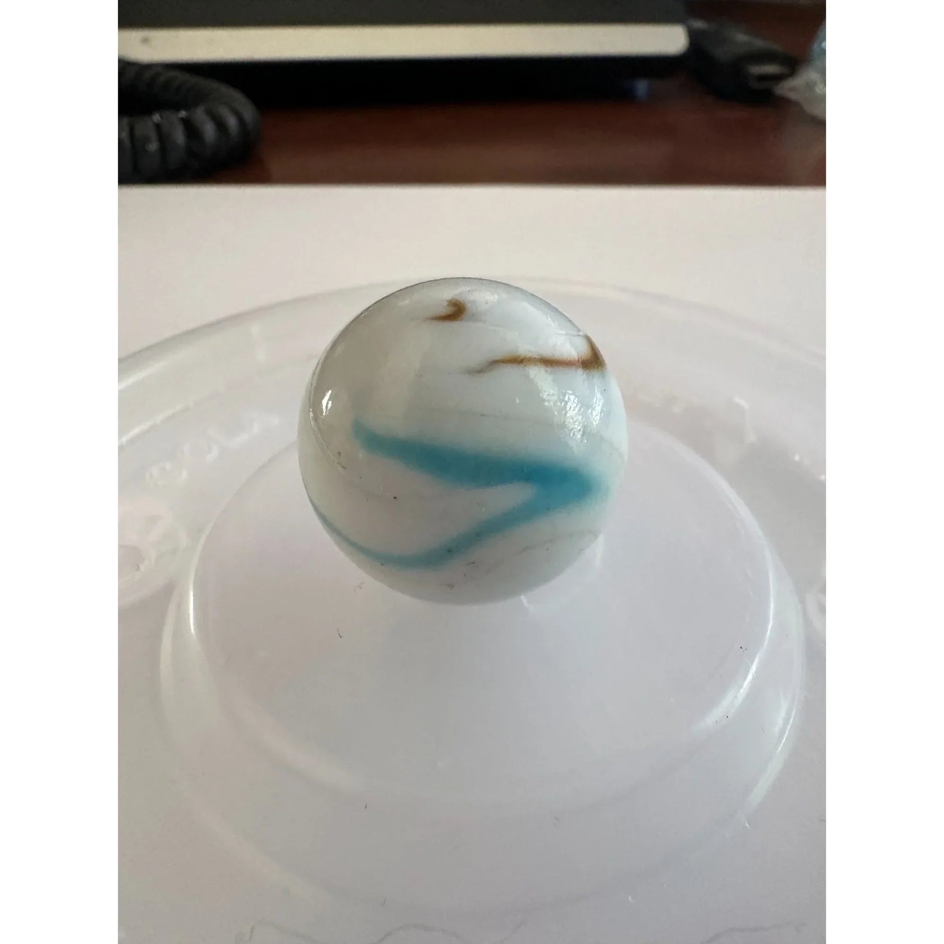 Two Vintage Milky White Shooter Marbles with Blue and Orange Stripes on them - A+ Stuff - Collectibles - A+ Stuff