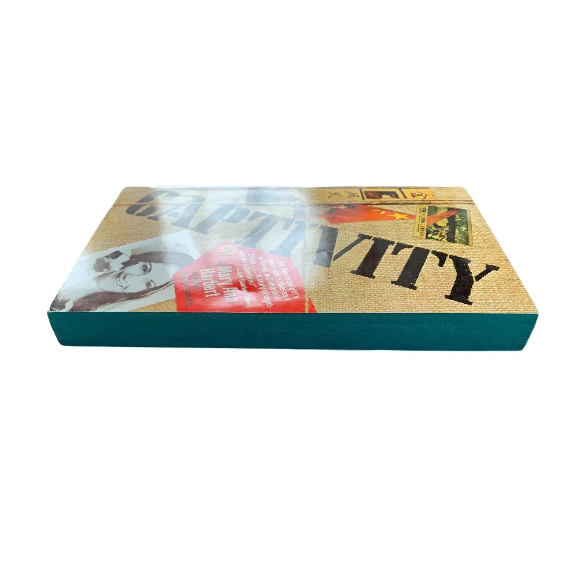 Decorative rectangular wall art block with 'CAPTIVITY' text, vintage photos, and teal edge.