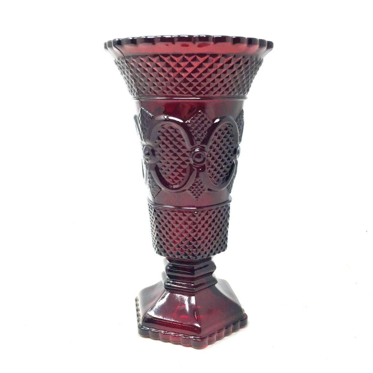 Vintage Avon 1876 Cape Cod Ruby Red Glass Footed Flower Vase 8" Avon  A+ Stuff Vase or Holder