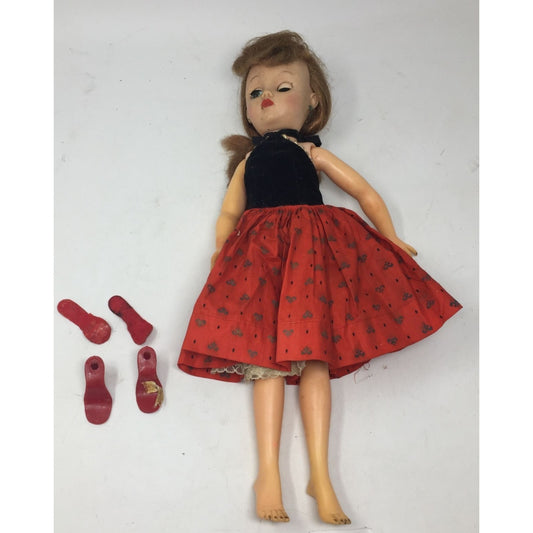 Vintage Unmarked Fashion Doll Wearing Red/Black Dress with Red High Heels