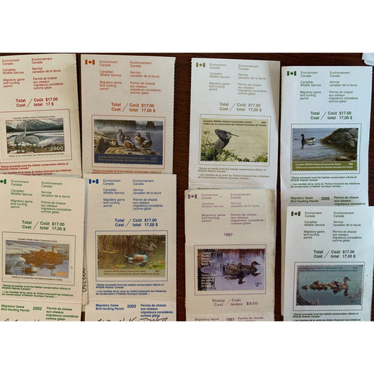 Collection of 8 Bird Hunting Permits w/ The Canadian Wildlife Habitat Conservation Stamps