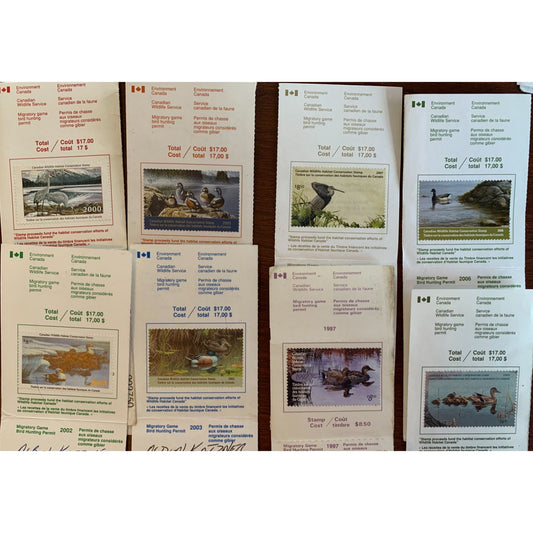 Collection of 8 Bird Hunting Permits w/ The Canadian Wildlife Habitat Conservation Stamps