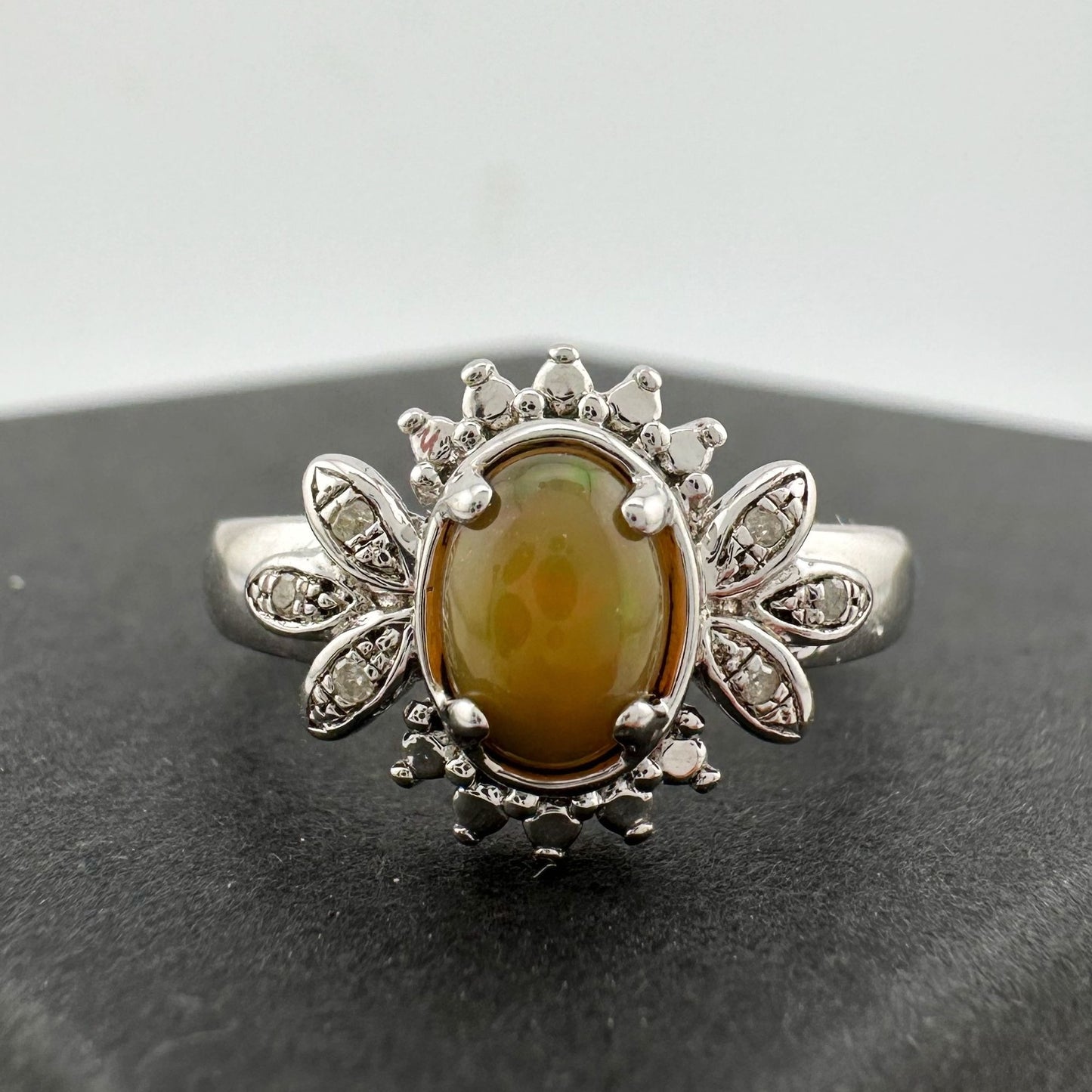 Natural Cabochon Australian Opal Ring  with Small Diamond Size 7